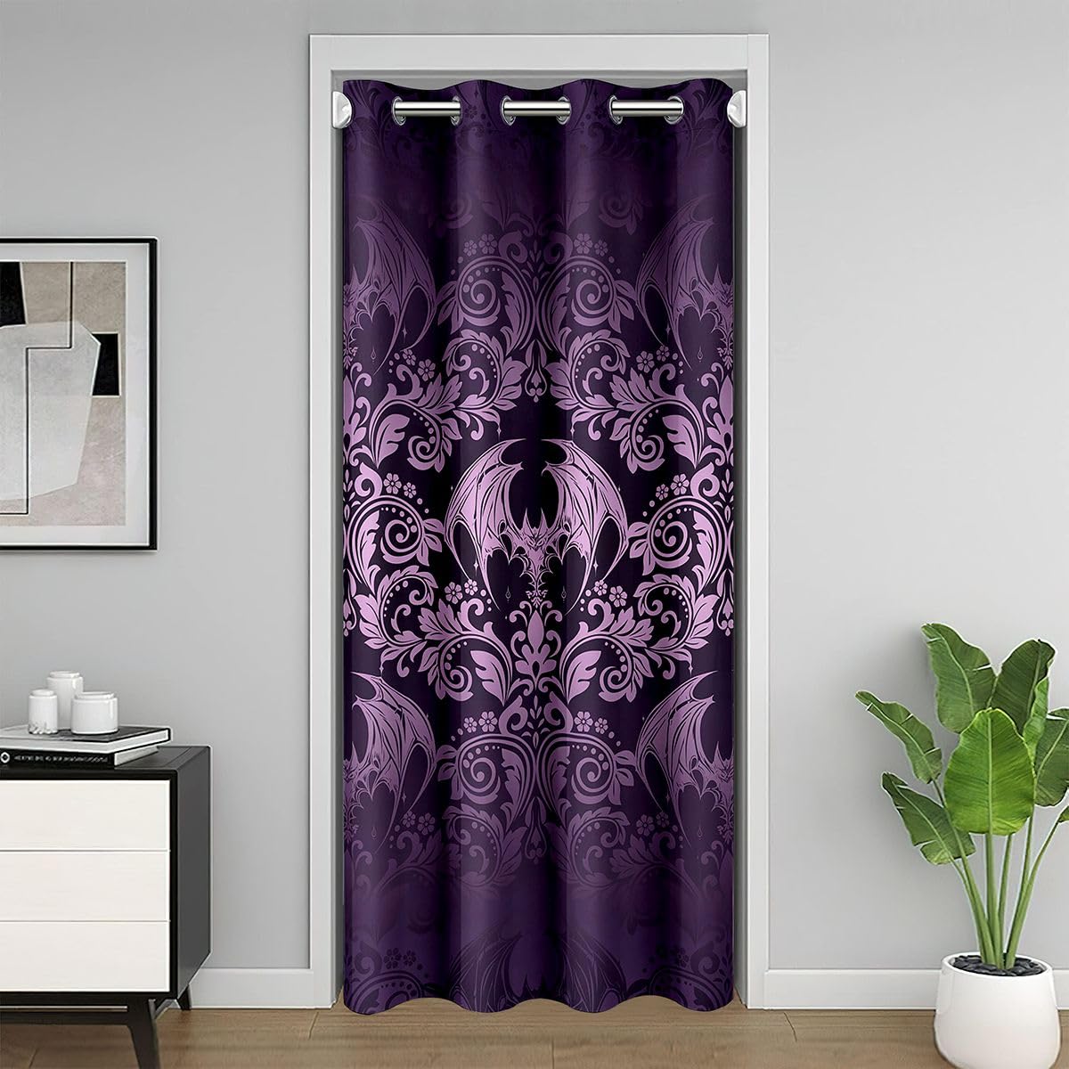 Feelyou Gothic Damask Print Door Curtain for Doorway Privacy Purple Goth Bat Victorian Floral Closet Cover Boho Bohemian Exotic Room Divider Curtain 42" x 80" Bedroom Living Room Window Treatments