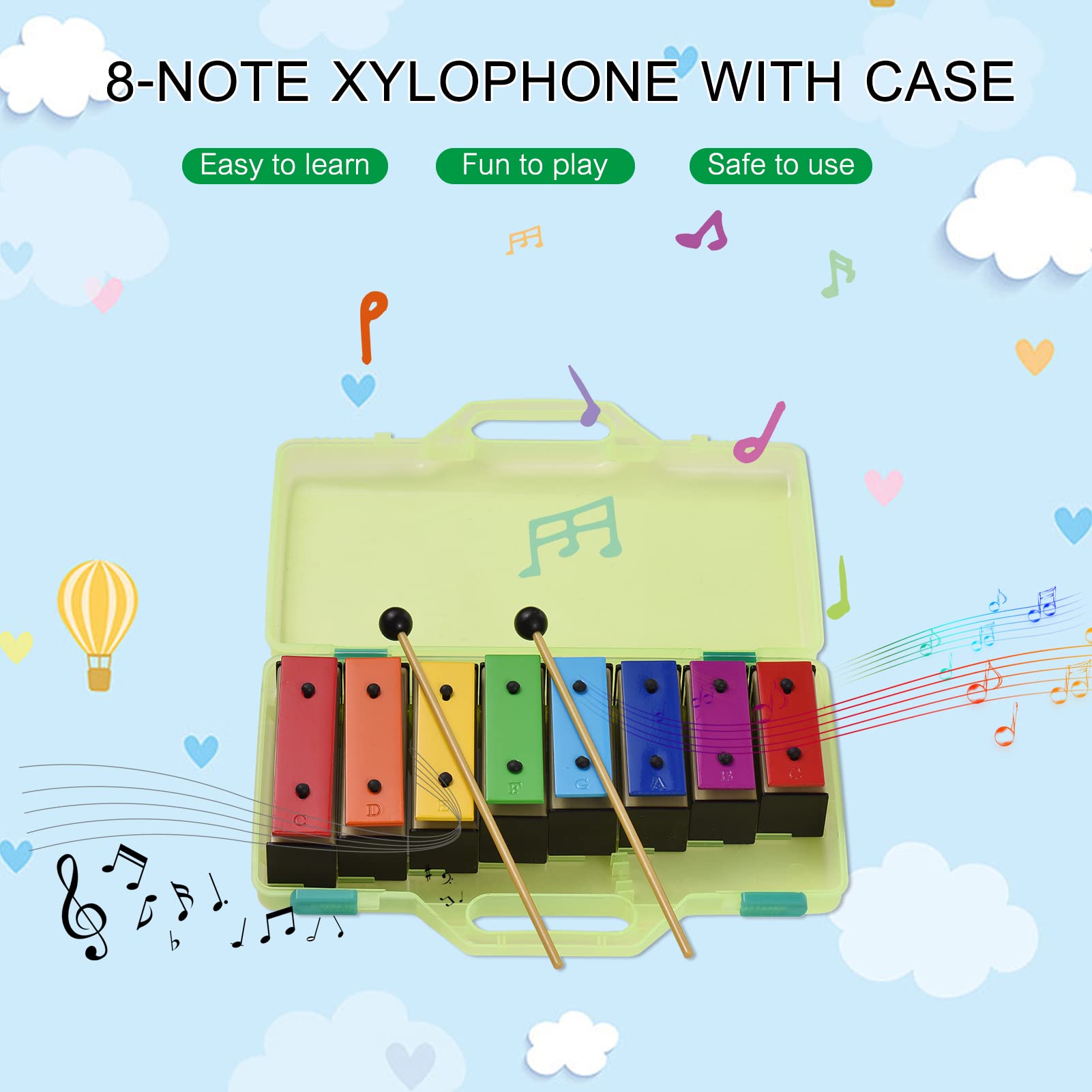 Xilofono colorato a 8 note Glockenspiel giocattolo musicale per bambini con piastre in acciaio metallico sicuro, base staccabile, custodia verde