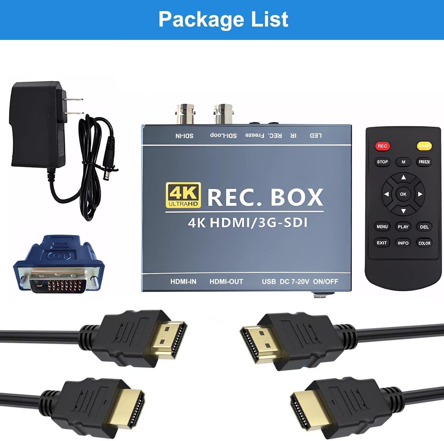 Mini DVR SDI TVI HDMI Recorder with SDI-Loop, SDI to HDMI Converter, 4K HD Video Capture Box for SDI Camera MP4 Digital Recorder Support 1TB U Disk 4K30 1080P60 IR Remote