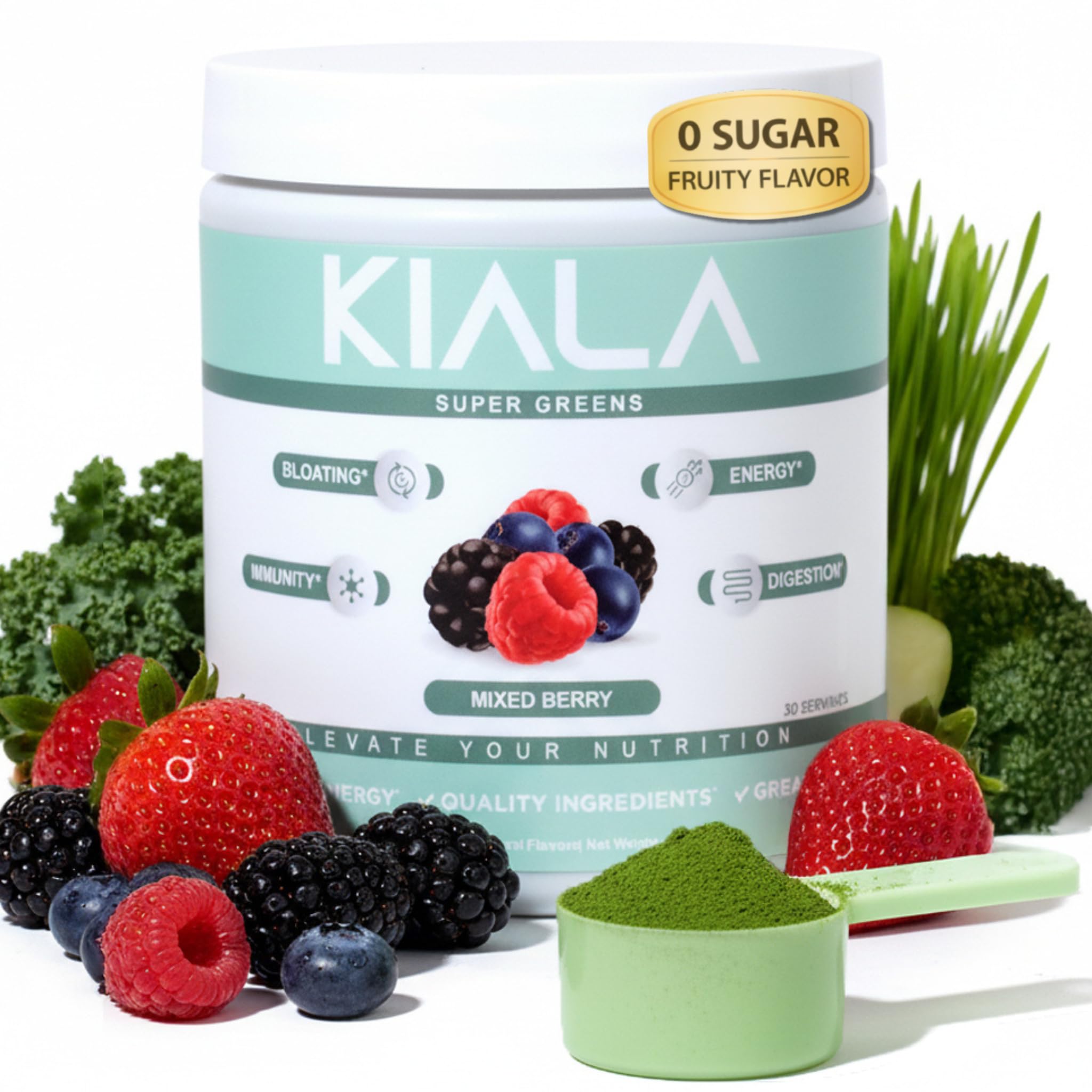 - Kiala Nutrition Super Greens, Organic Greens Powder with Spirulina & Chlorella for Digestion, Gut Health, Immunity, Adaptogens, Energy, Gluten Free, Vegan, Sugar Free, Mixed Berry, 30 Servings