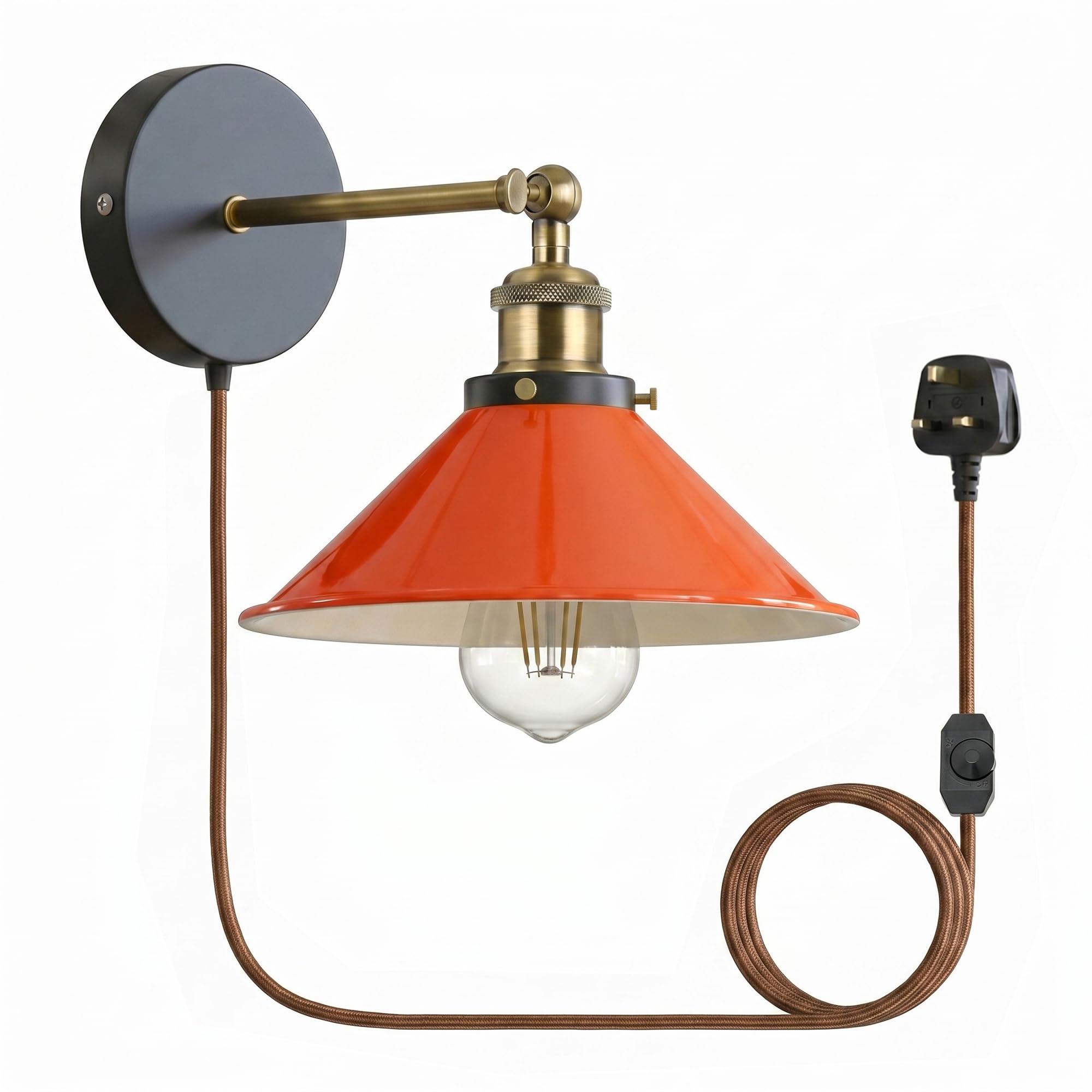 LEDSone Industrial Wall Sconce Adjustable Arm Light dimmer Switch Plug in 22cm Orange Metal Cone Lamp Shade with E27 Base Wall Lights for Restaurant Office and Indoor Home Decor