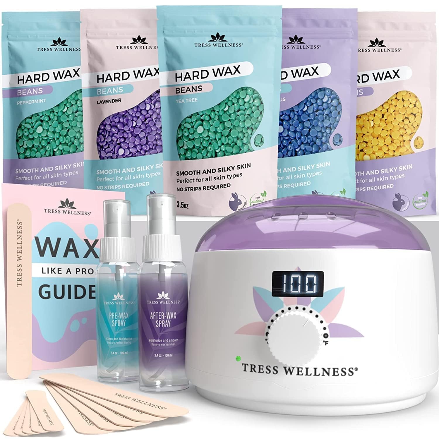 Tress Wellness Waxing Kit for Brazilian Wax - Easy to Use - For Sensitive Skin - Digital Display, Flower White