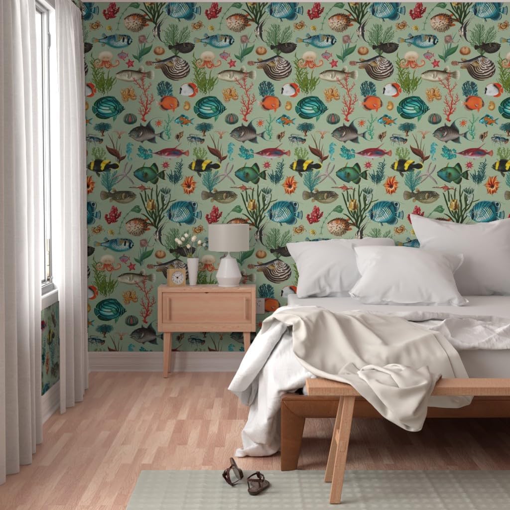 Removable Wallpaper Swatch - Sage Green Small Scale Summer Ocean Sea Fish Coastal Aqua Mint Blue Custom Pre-Pasted Wallpaper by Spoonflower