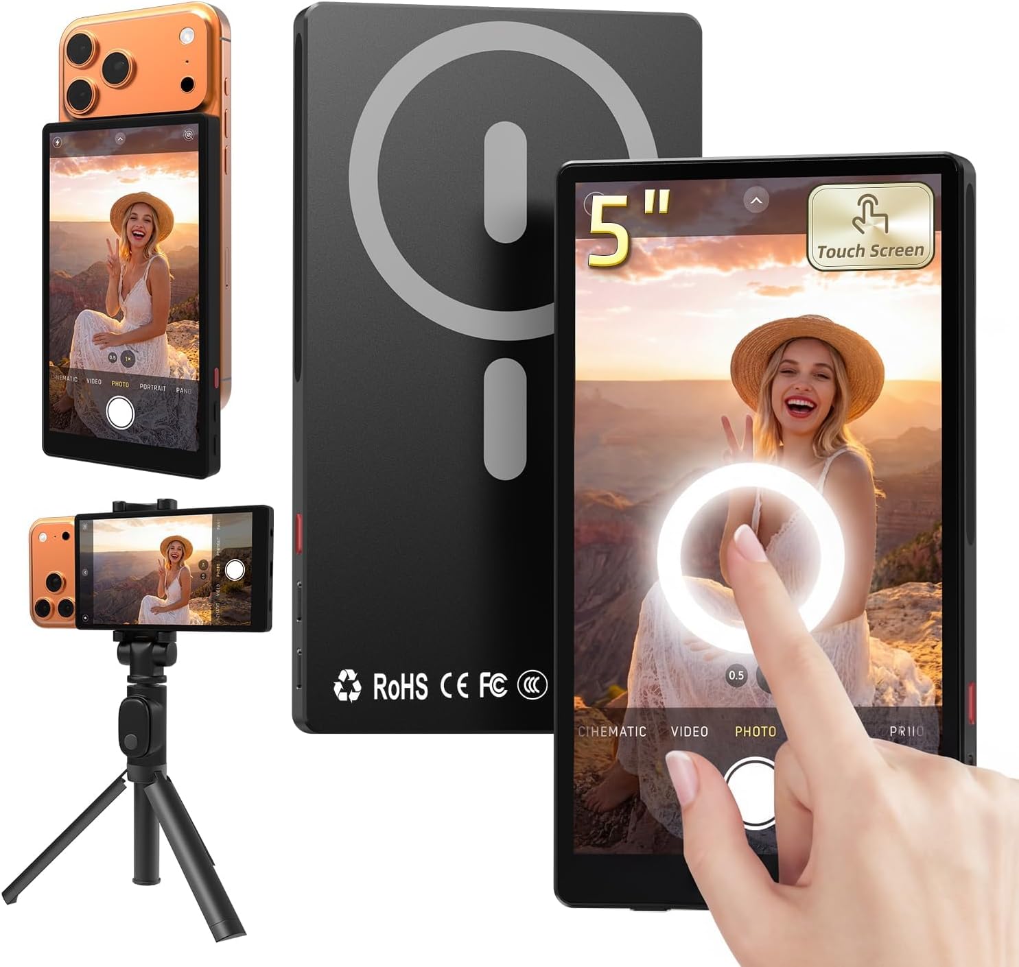 5" Touchscreen Vlog Selfie Monitor Screen for iphone17, 4K 2600mAh, No Latency, 90feet Signal Range, Wireless Back Camera Monitor for iPhone & Android, Sync Rear Camera for Live Stream&TikTok