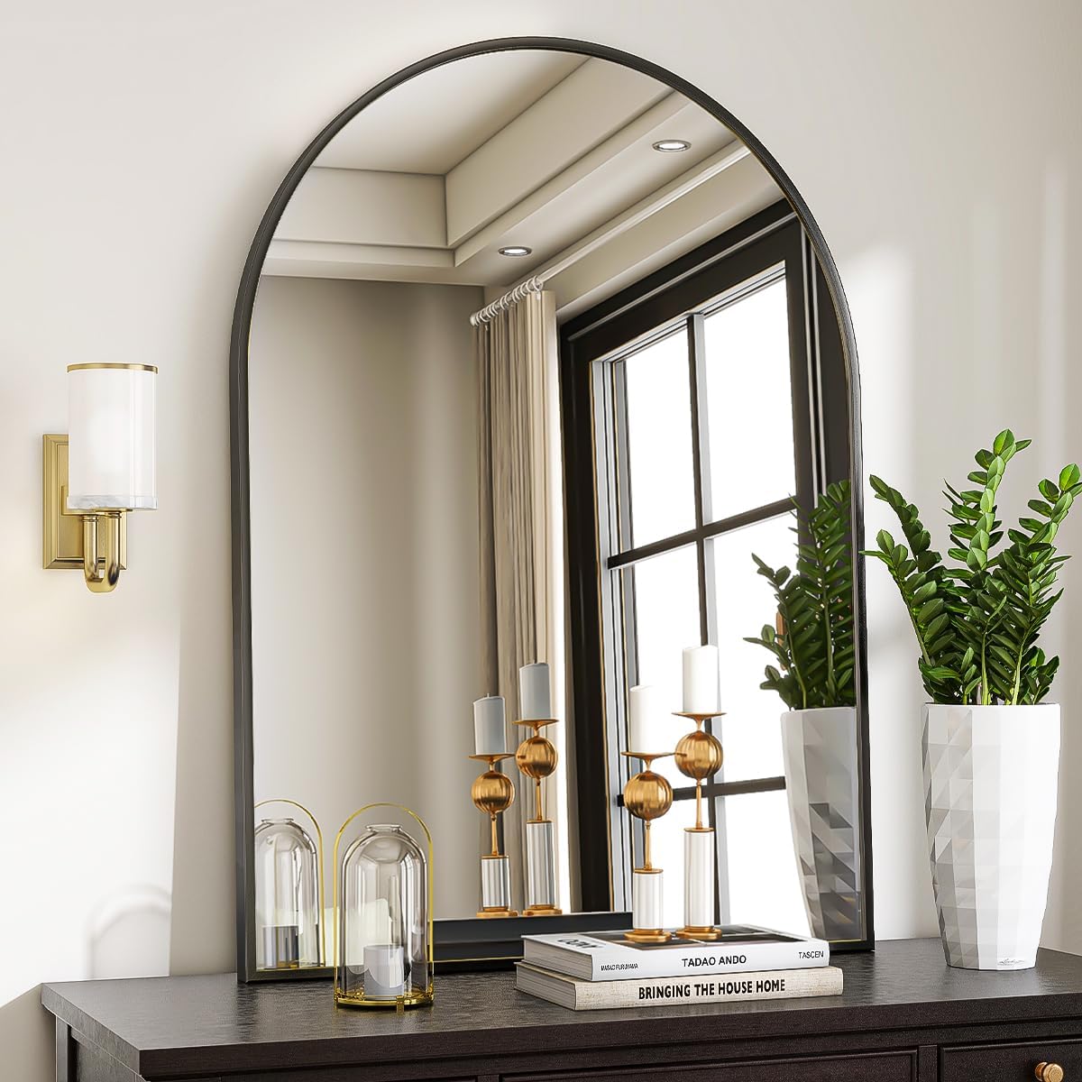 VooBang Arched Wall Mirror 30 x 38 inch Arch Bathroom Mirror Wall Mounted Vanity Mirror with Arch Metal