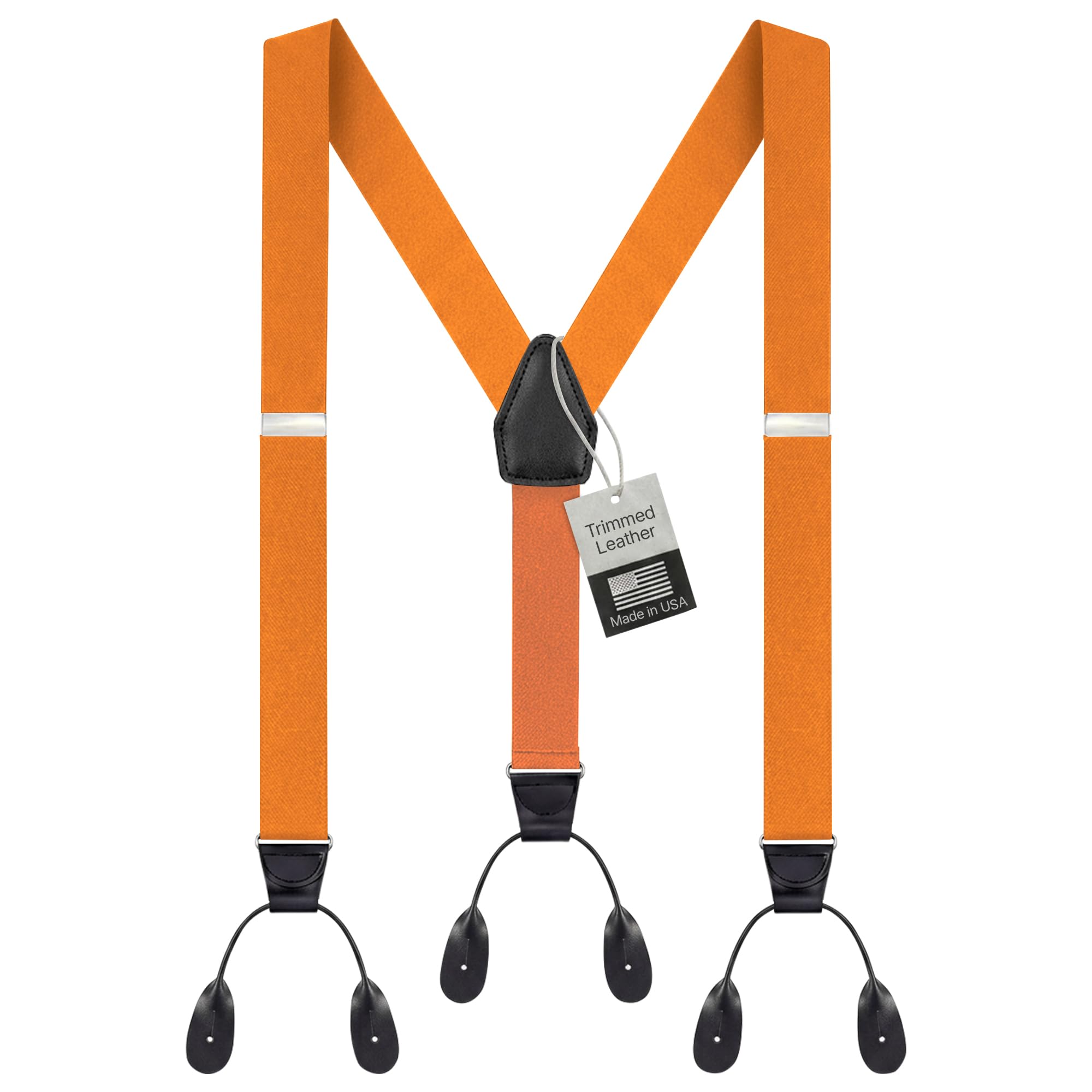 Hold'Em Suspender for Men Made in USA Y-Back Genuine Leather Trimmed button end tuxedo suspenders Many colors and designs - Orange (Regular, 46" Long)