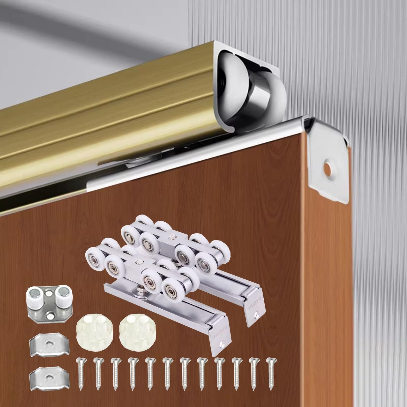 Rail Porte Coulissante Kit de pour Extérieure, Système Suspendu Escamotable, Quincaillerie Grange et Guide Garage(250cm(98.5in))