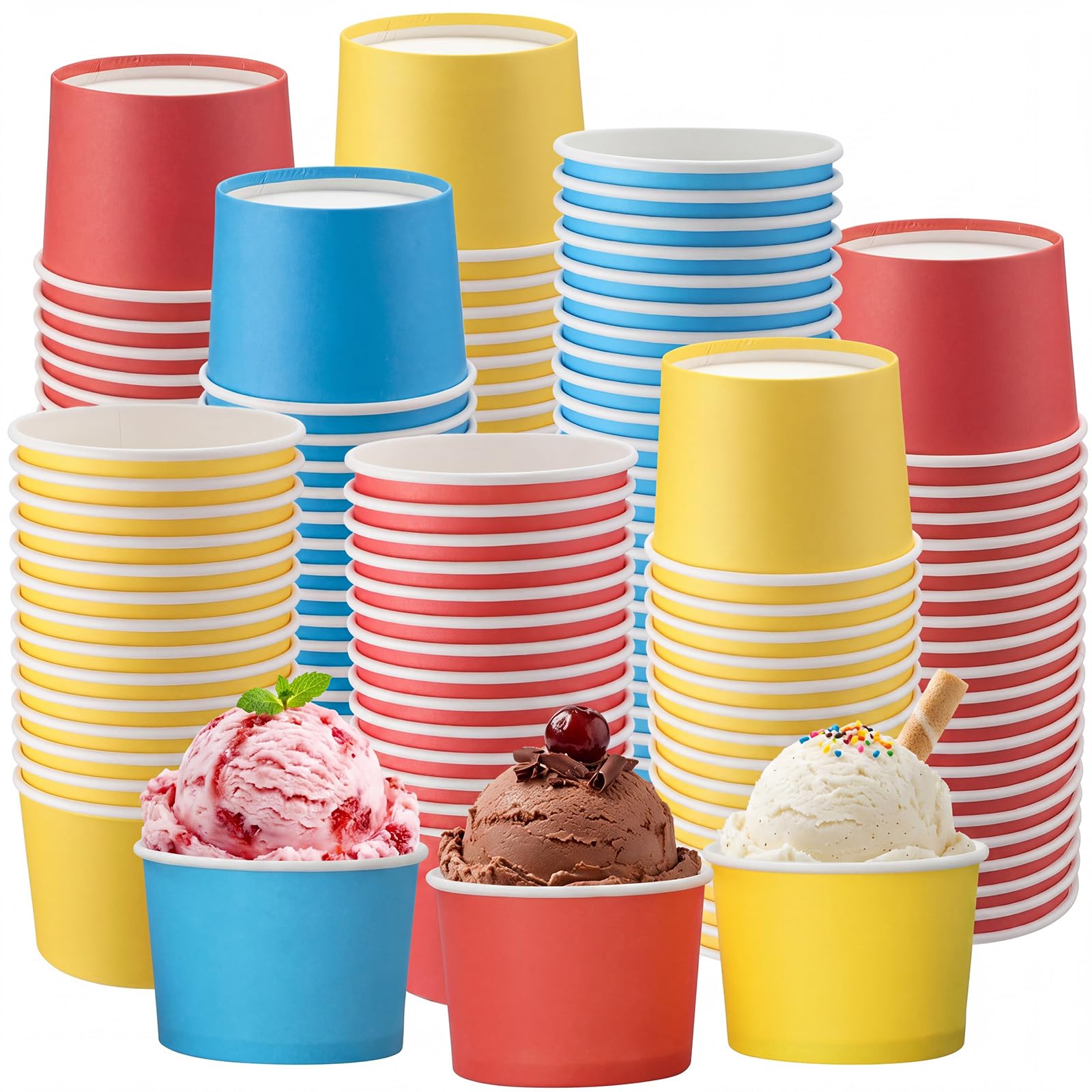 Honeydak 200 Pcs 5 oz Paper Ice Cream Cups, Red Yellow Blue Classic