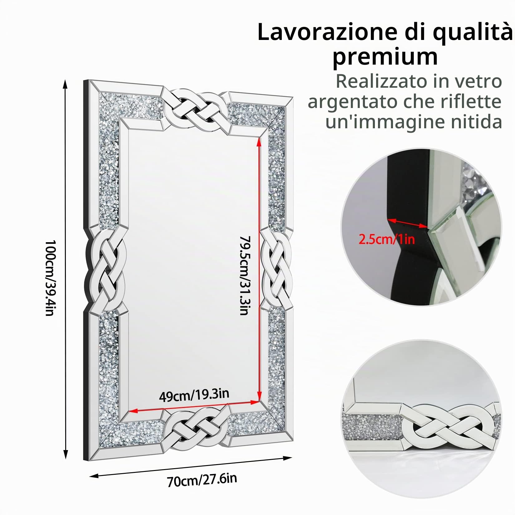 Specchio da Parete Lungo Moderno: Specchio da camera Decorazioni muro salotto Specchio con cornice Argento Grande rettangolare Specchio da ingresso soggiorno corridoio 100x70cm