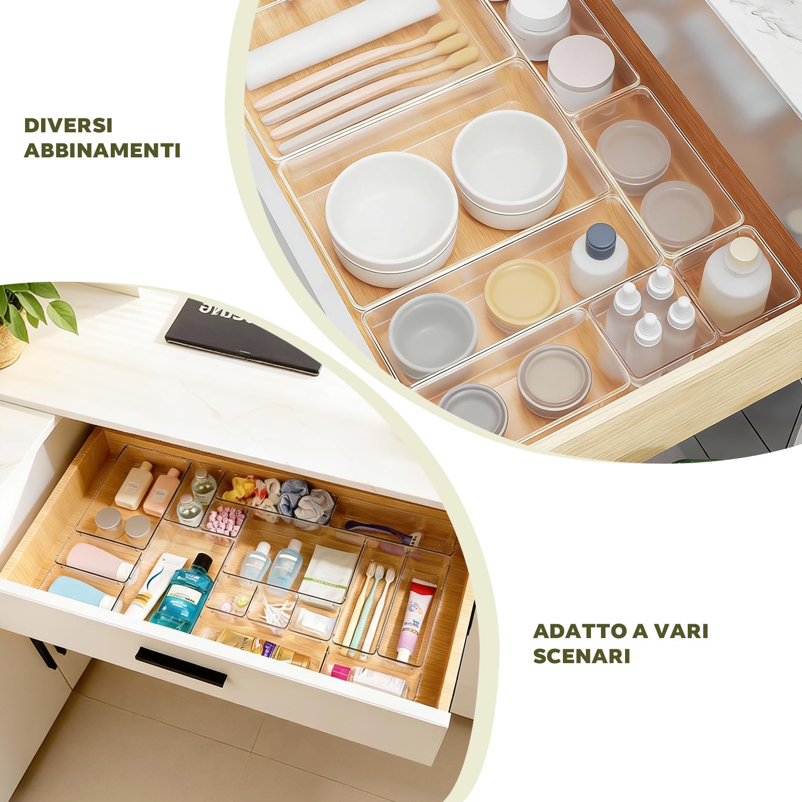Set da 44 Scatole Organizzatrici per Cassetti, 4 Misure con Punti Antiscivolo, Organizer Impilabile Trasparente per Trucchi, Cucina, Bagno e Ufficio