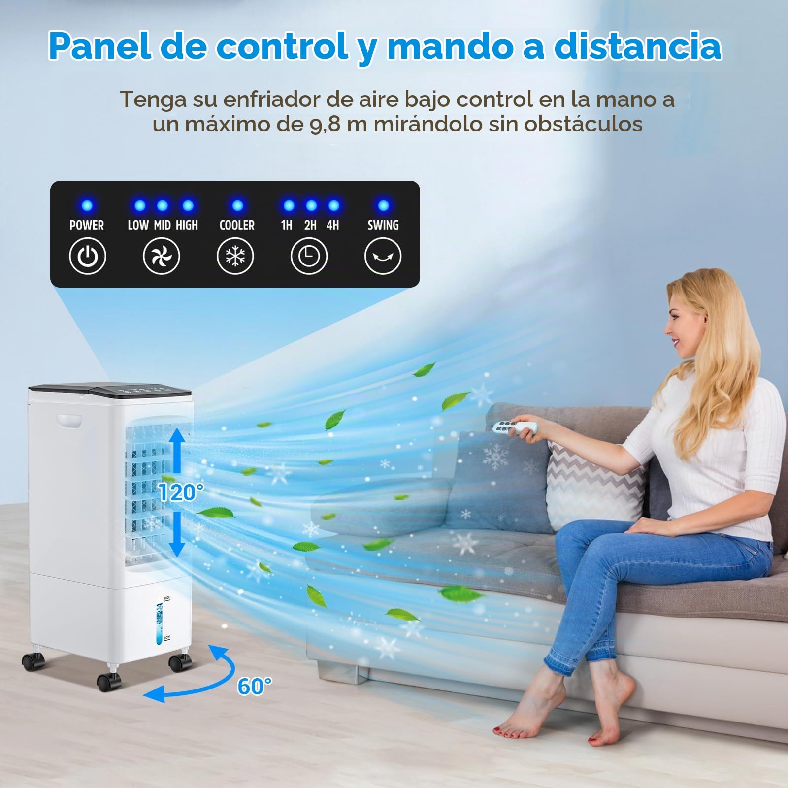 Enfriador de Aire 4 en 1 Grande, Aire Acondicionado Móvil portátil, Climatizador Evaporativo Silencioso con 5.5 L Tanque,Temporizador 1-7 H, 2 Modos 3 Velocidades, Ruedas, Control Remoto, Oscilación
