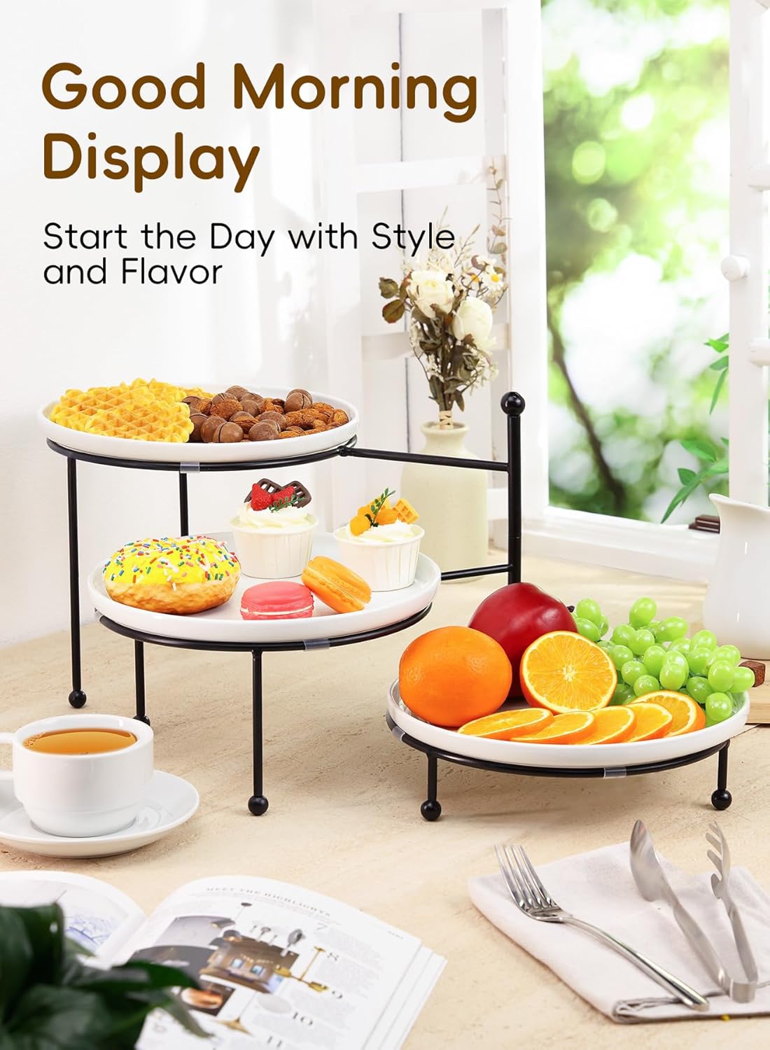 Yedio 3 Tiered Serving Stand with White Porcelain Plates, 10" Round Tray, Dessert Table Display Set, Round Dishes with Black Metal Display Stand for Veggie, Fruit, Cookies, Black