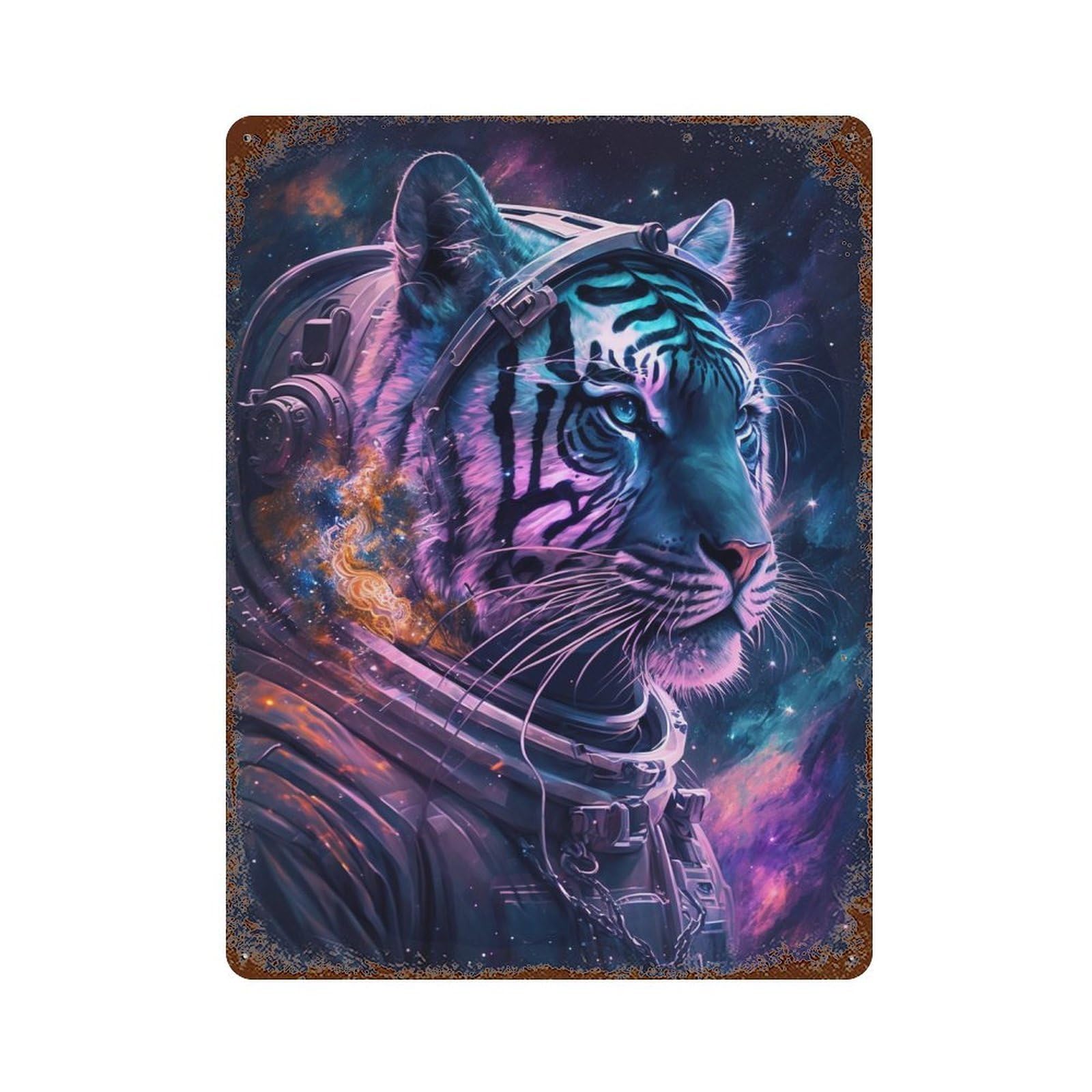 Tiger Astronaut Space Art Print-7 Rusty Metal Tin Sign 15.7"x11.8", for Shed, Workshop And Garage Wall Decor, Novelty Wall Decor