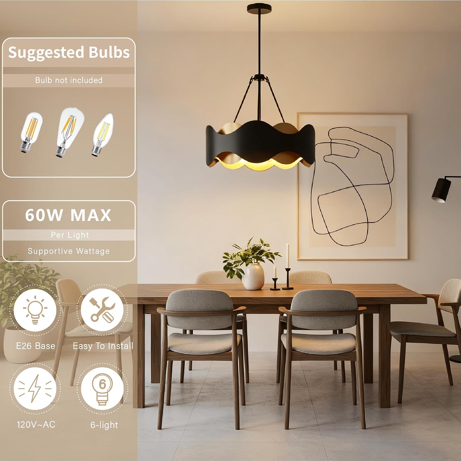 Maxax 6-Light Black and Gold Chandelier, 24 inch Modern Wave-Shaped Pendant Light Fixture for Dining Room, Living Room or Kitchen Island, E26 Ceiling Lighting