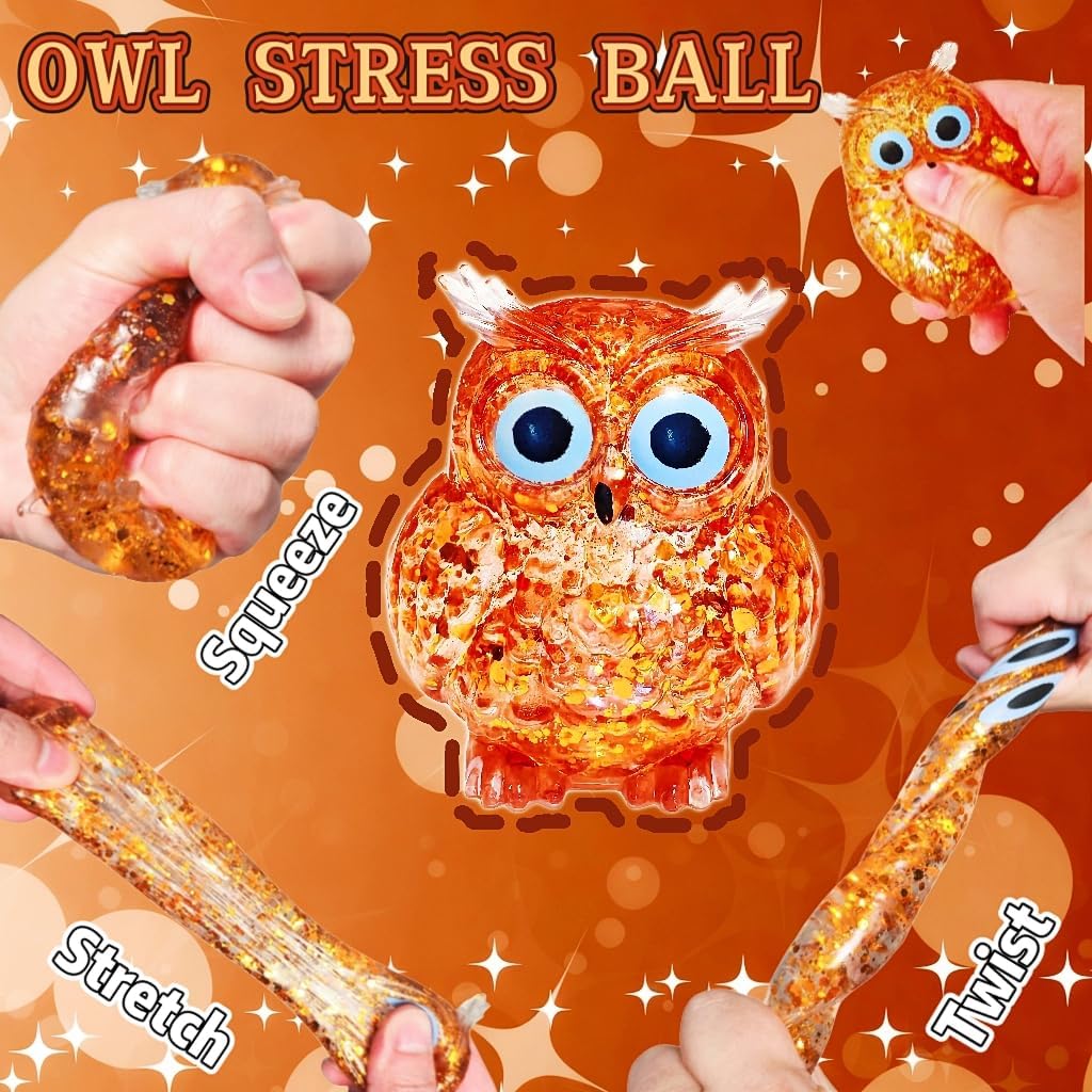 1Pcs Squishy Owl Stress Sugar Balls for Kids and Adults, Kawaii Animals Squeeze Squishy Toys, Glitter Owl Sugar Ball Stress Toy for Party Favors Easter Basket Stuffers (Brown)