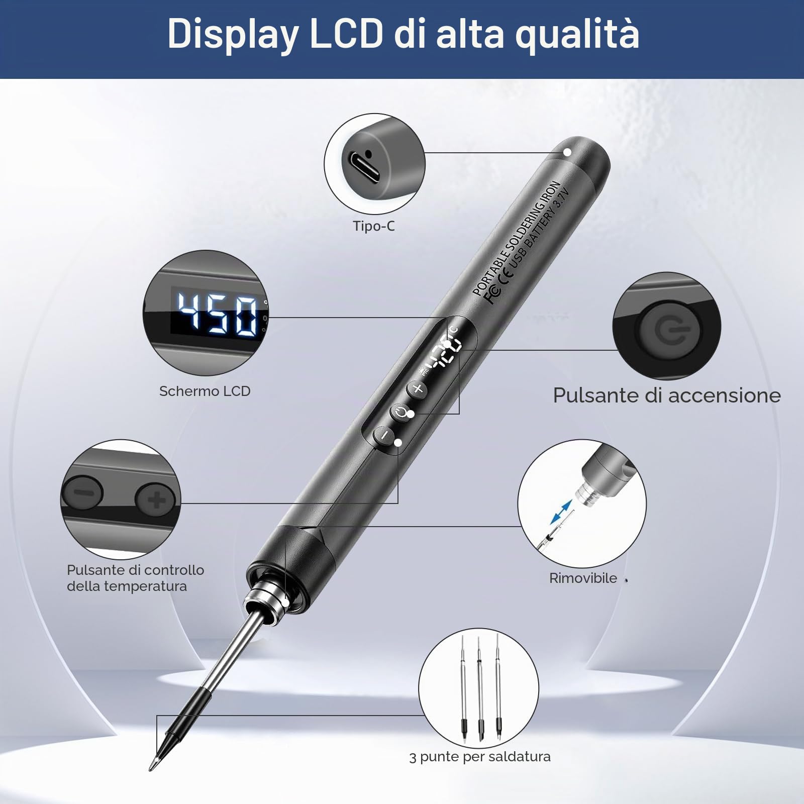 Set di saldatori a batteria, ricaricabile tramite USB, con LCD, senza fili, temperatura regolabile da 260 a 420 °C, 3 punte per saldatura, filo per saldatura, set regalo per fai da te