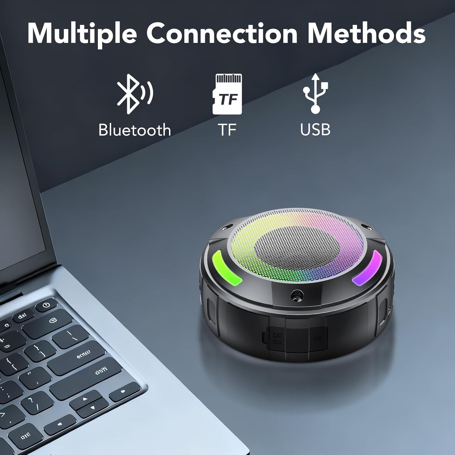 aowoka S4-1 speaker connected to a laptop via Bluetooth, showing multiple connection methods including TF card and USB.