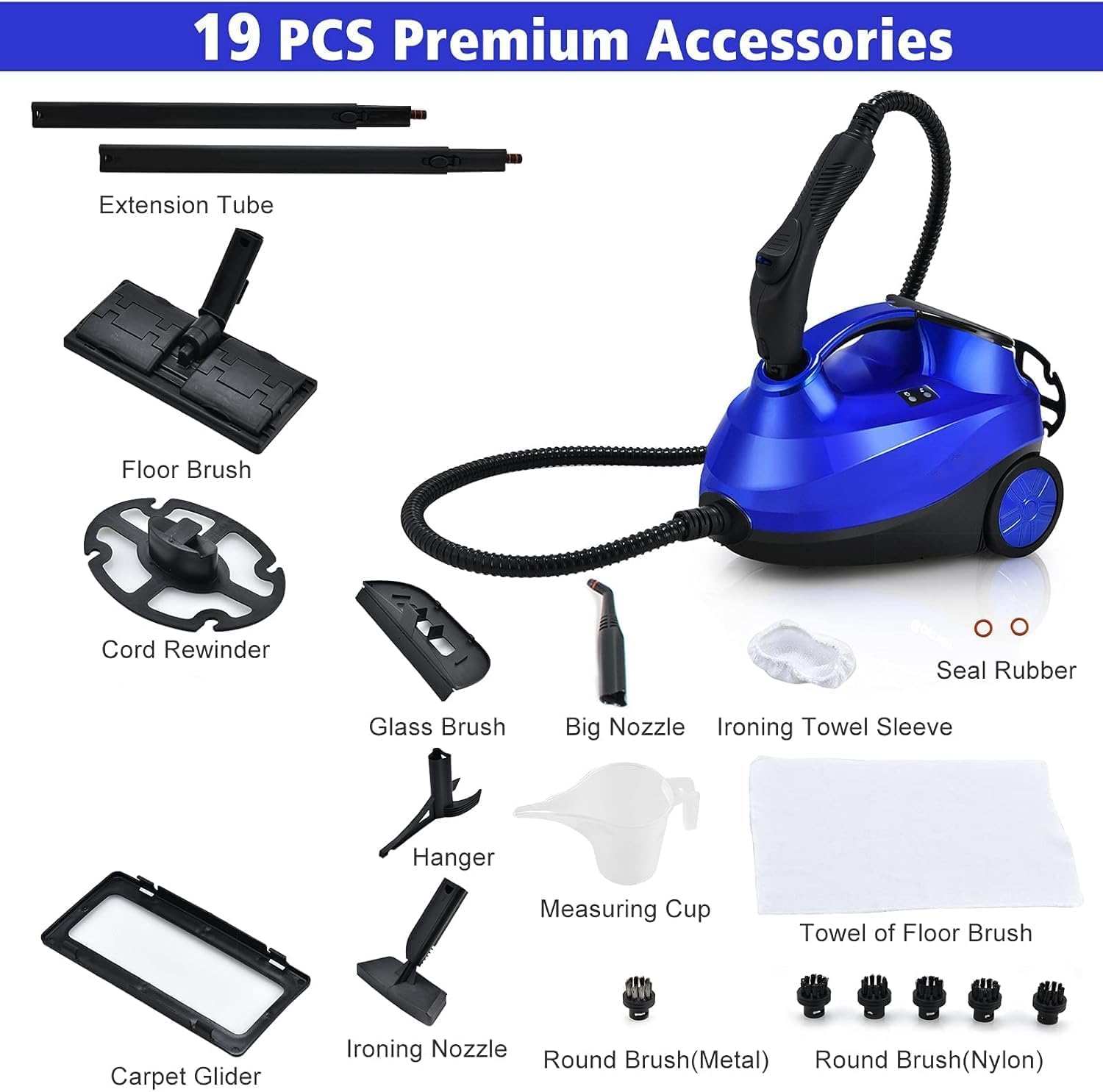 RELAX4LIFE Vaporeta Limpieza Hogar 2000W con Depósito 1,5L, Limpiador a Vapor con 19 Accesorios, Caldera de Alta Presión 4 Bar, Temperatura hasta 108°C y Cable de Alimentación 3,7M (Azul)