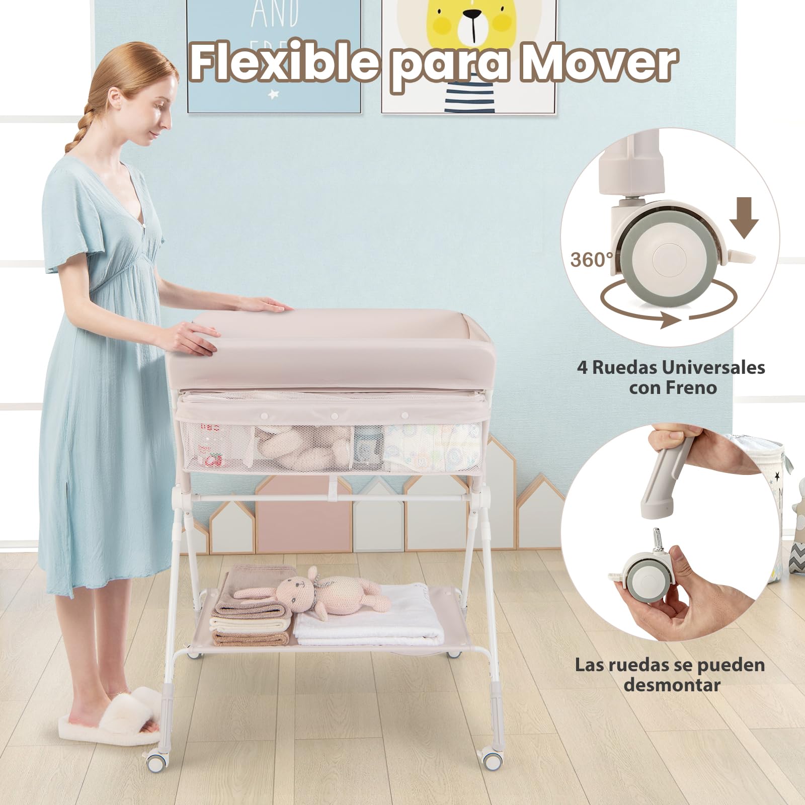 GOPLUS Cambiador de Pañales Plegable y Portátil, Cambiador Bebe con Altura Ajustable, 4 Ruedas Universales con Frenos para Bebés de 0-12 Meses, Carga hasta 11 kg (Beige)