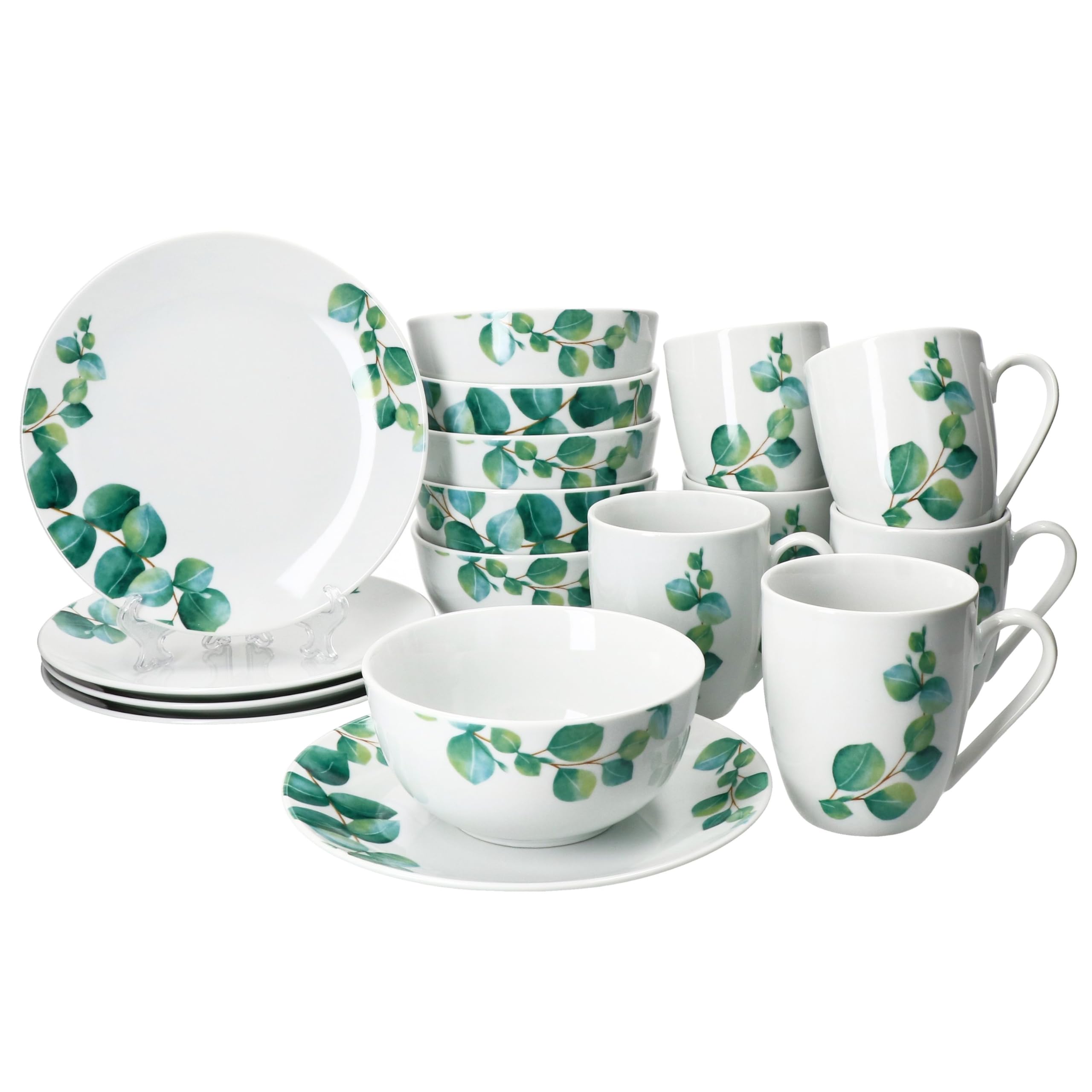 MamboCat Eukalyptus 18tlg Frühstücksset I Je 6X kleine Teller, Schalen 400ml & Kaffeebecher 340ml für 6 Personen grünem Pflanzen-Dekor I Porzellan-Geschirr für Frühstücks- & Kaffeezeit
