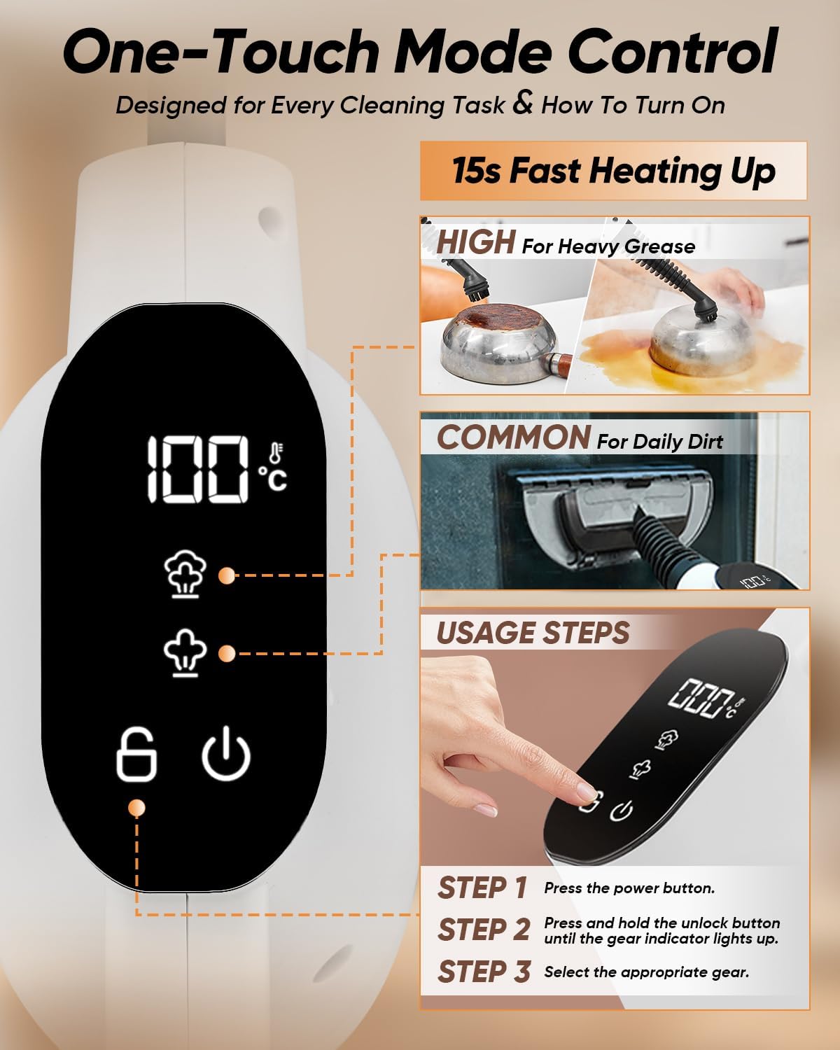 Close-up of the Saker EverSteam Instant-Heat Steam Cleaner's digital control panel showing temperature and steam mode icons