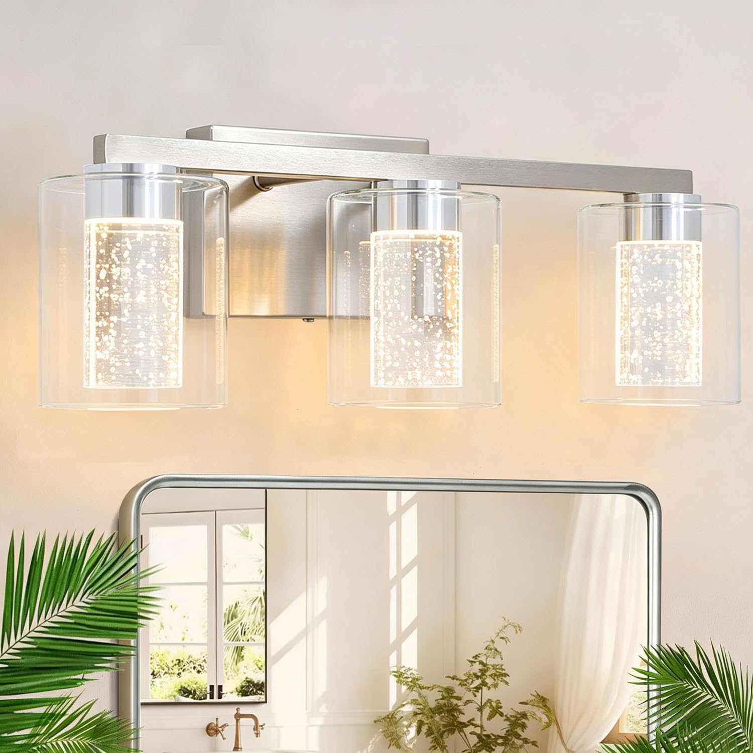 Brushed Nickel 3-Light Vanity Light with 3 Color Modes (3000K/4000K/6000K), Dimmable Eye Protection LED Bathroom Light Fixture with Bubble, Modern Wall Light Over Mirror