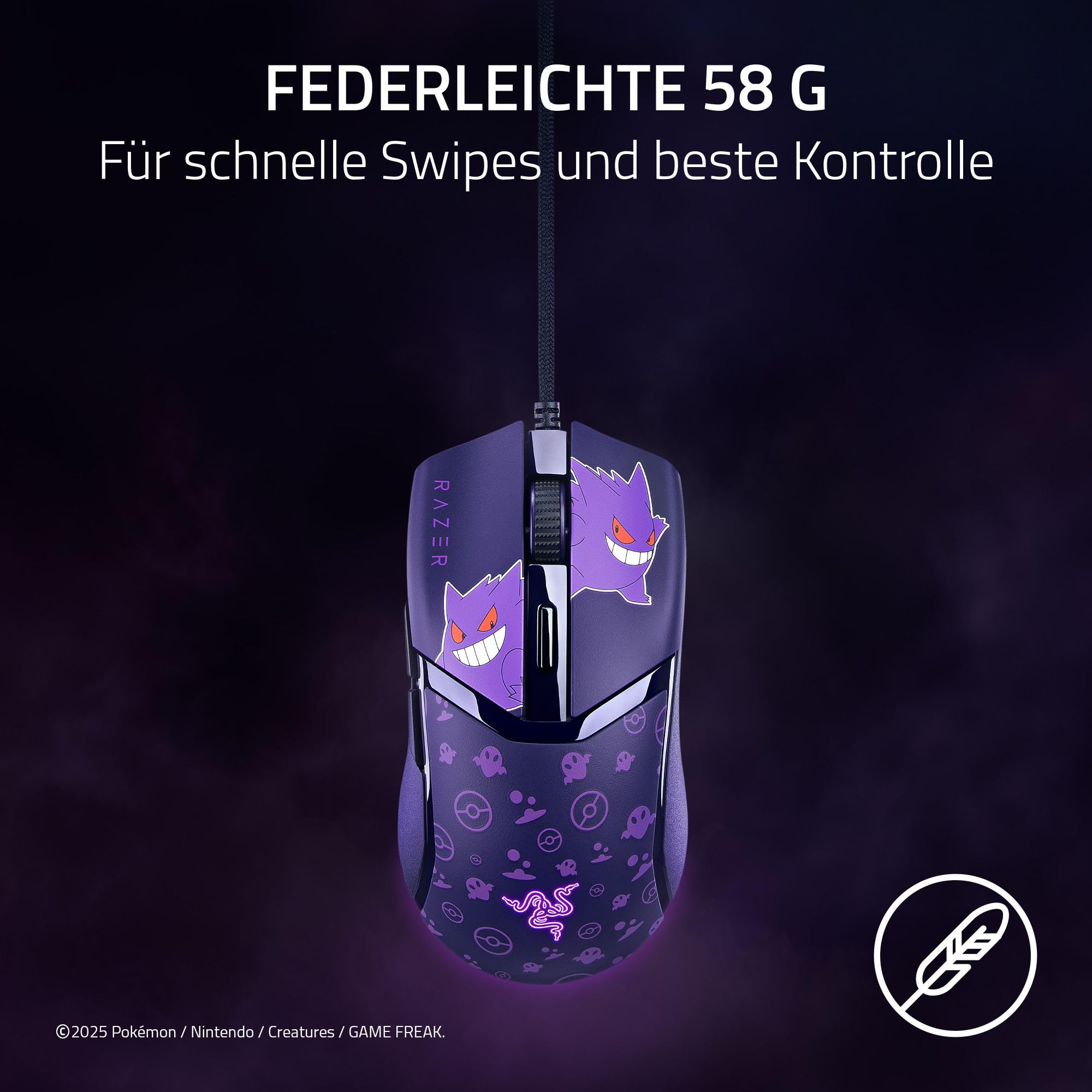 Razer Cobra Gengar Edition - Leichte kabelgebundene Gaming-Maus - 8500 DPI Sensor - 58g - optische Mausschalter 3th Gen - Chroma-Beleuchtung - Speedflex-Kabel - PC/MAC | Pokémon Gengar