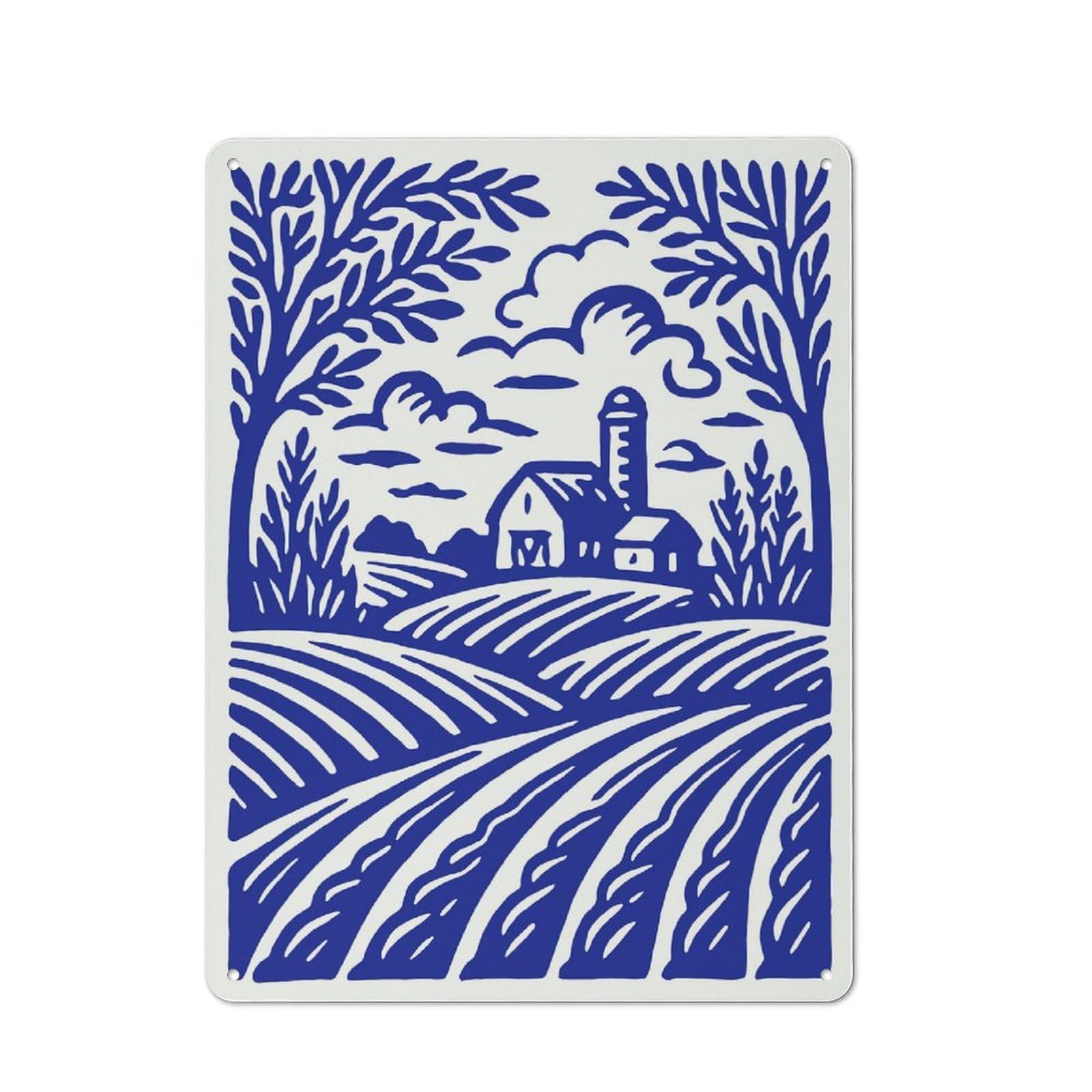Junmoney Style-11 Metal Wall Sign 40X30cm Featuring Blue Farm Landscape Illustration For Garage Or Workshop, For Garage, Workshop And Man Cave Decoration