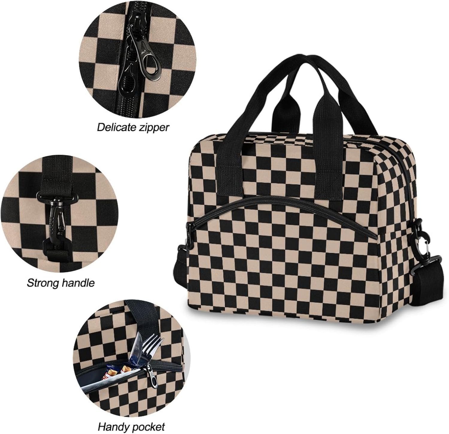 Black Brown Checkered Lunch Bag for Women Men Reusable Insulated Lunch Box Leakproof Tote Cooler Bag Work Picnic