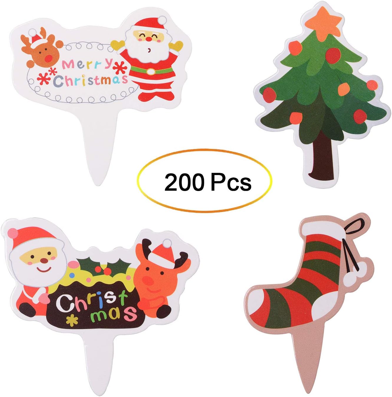 Qibote 200 Pieces Christmas Cupcake Toppers Picks, Cake Toppers for Christmas Party Cupcake Decoration Supplies