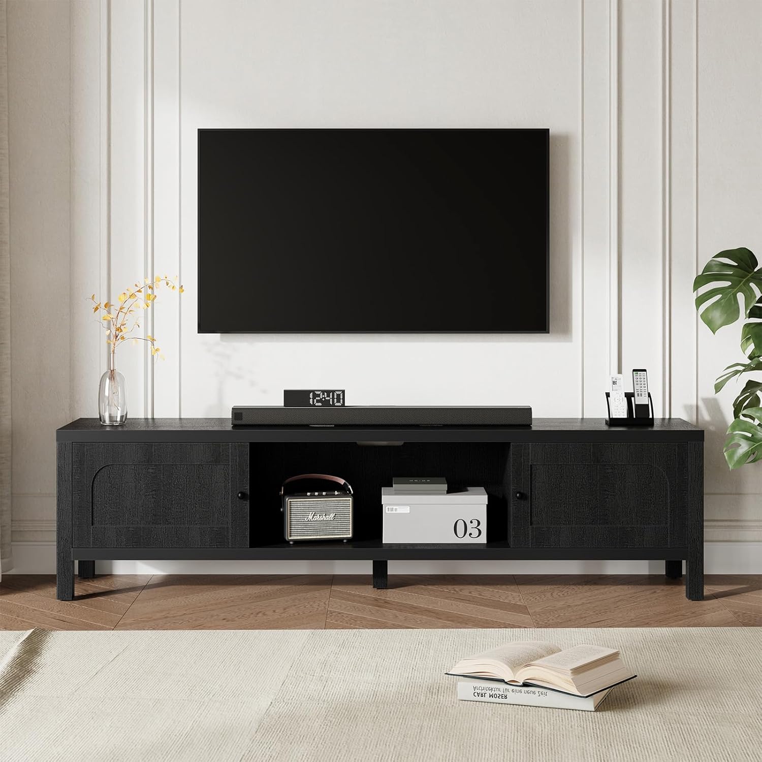 70 Inches Modern Black TV Stands for 65 75 Inches TV Media Console for Living Room Soft-Close Doors TV Entertainment Center with Cabinet Storage Wood Television Cabinet for Bedroom