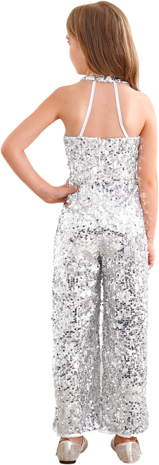 YiZYiF Girl's Sequin Jumpsuit Halter Princess Pageant Romper Prom Birthday Party Long Leg Pants