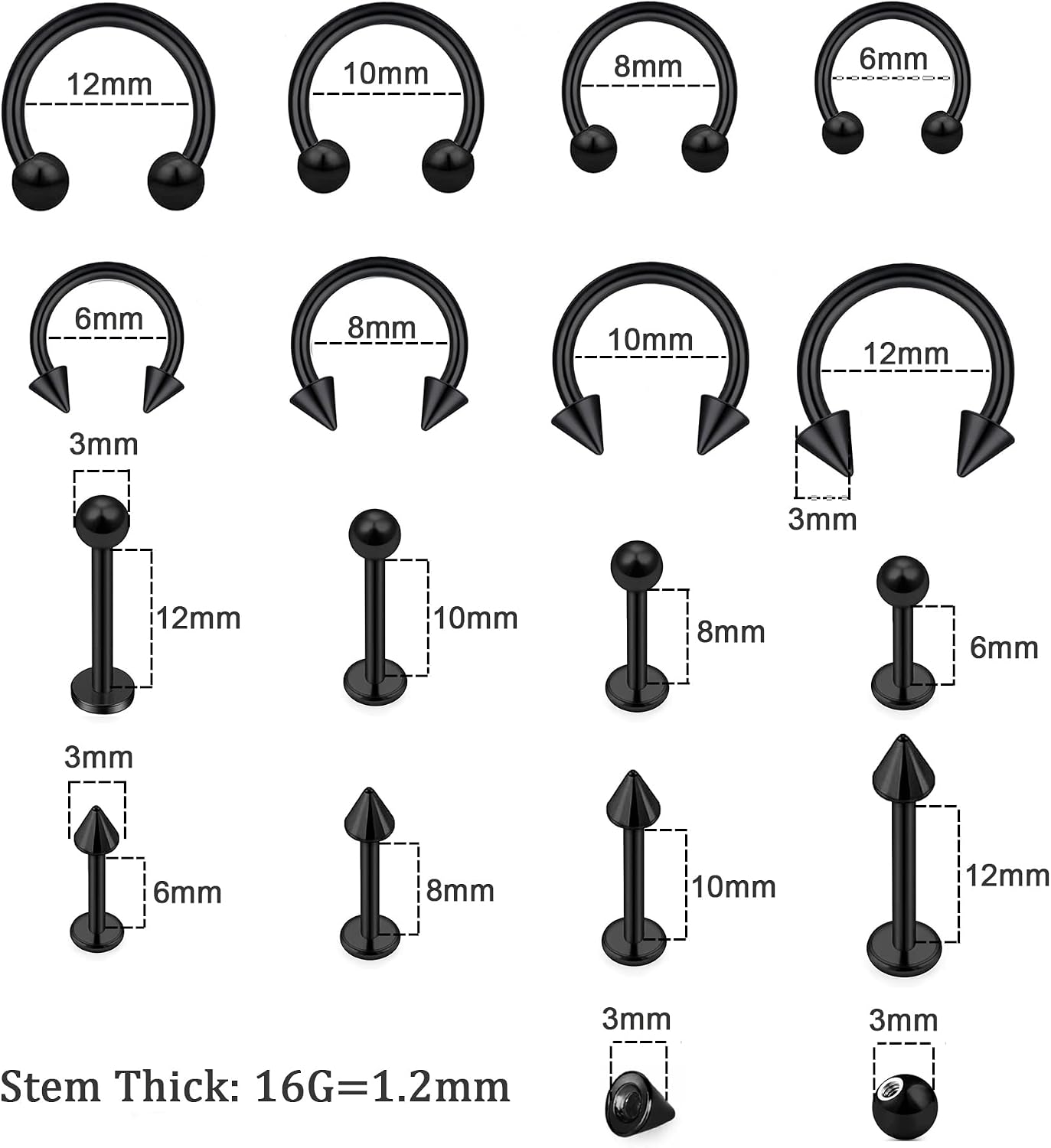 32PCS 16G Lip Rings Surgical Steel Snake Bite Jewelry Labret Jewelry Monroe Lip Barbell Ring Daith Tragus Helix Piercing Jewelry for Women Men 6mm/8mm/10mm/12mm