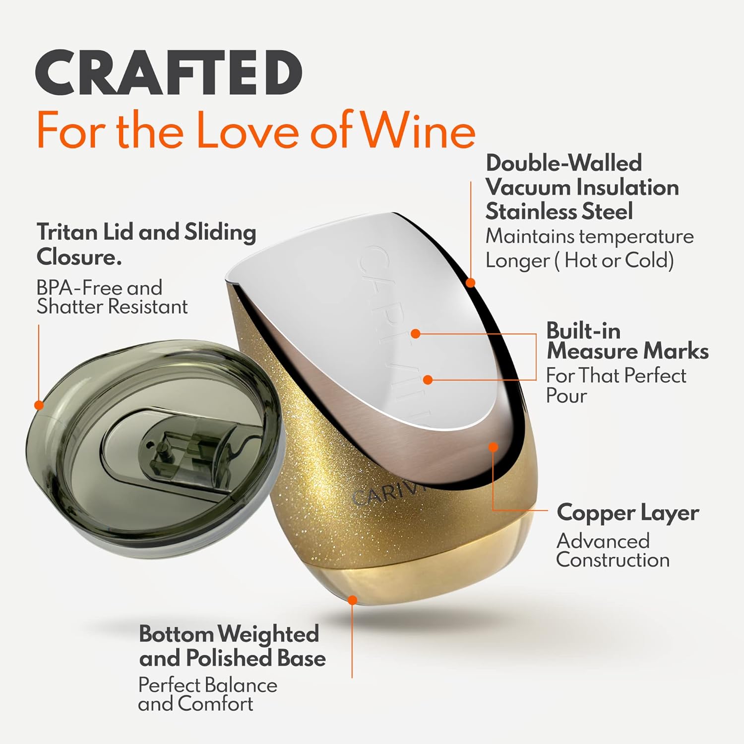 12 oz Luxury Stemless Wine Tumbler, Ceramic Interior, Stainless Steel Vacuum Insulated Wine Glass Cup with Lid, Cork Base, Premium Finish, Cold or Hot (Gold)