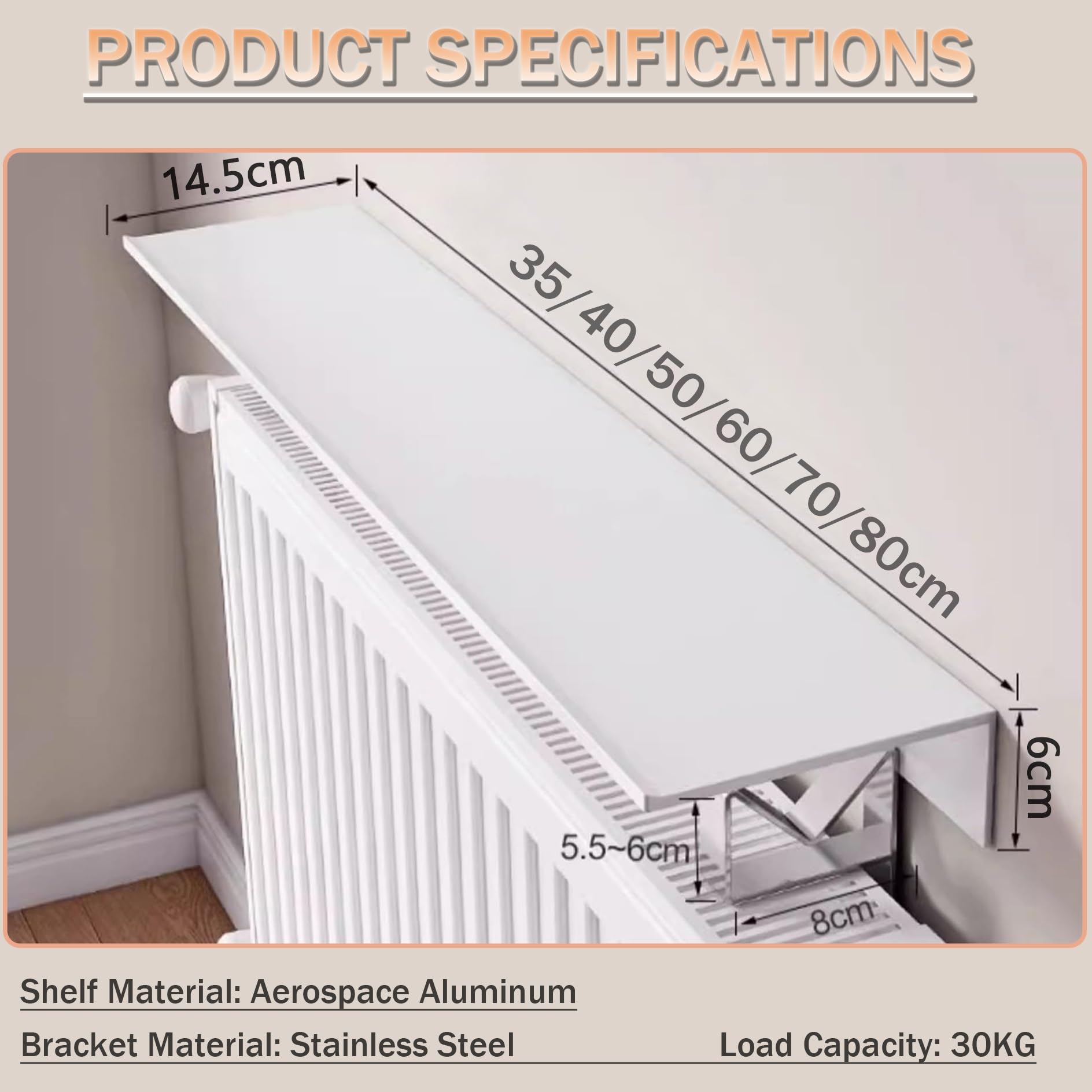 Estante para radiador de aluminio de 35 a 80 cm, con soporte de acero inoxidable, para decoración de sala de estar y cocina (35 cm)