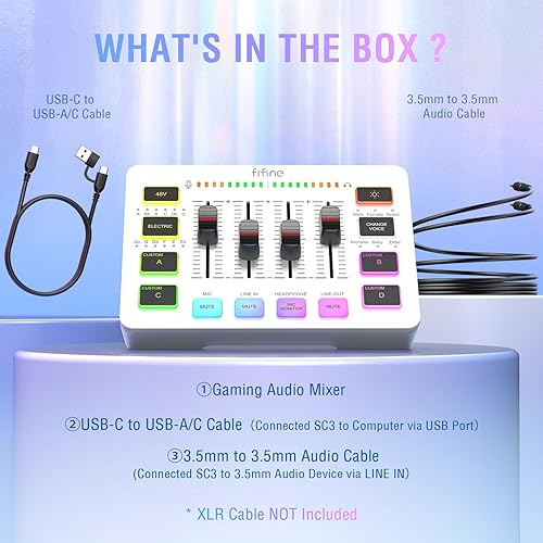 Vista 18 de FIFINE Mezclador de audio para juegos, mezclador de PC RGB para streaming con interfaz de micrófono XLR, control individual, atenuador de volumen