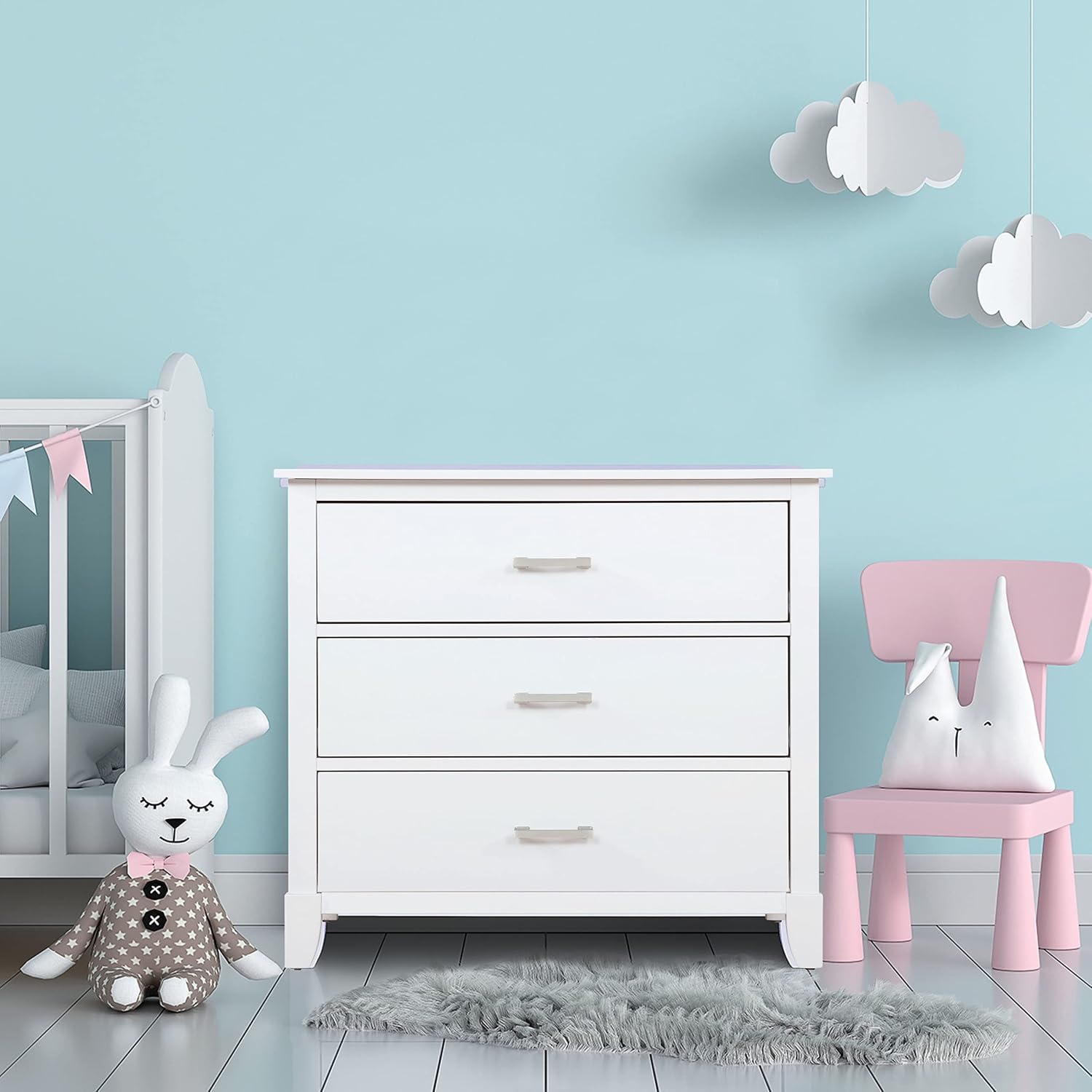 Dream On Me Clover 4-in-1 Modern Island Crib with Rounded Spindles in Olive, Convertible Crib & Universal 3 Drawers Chest | Kids Bedroom Dresser | Three Drawers Dresser Mid Century Modern, White