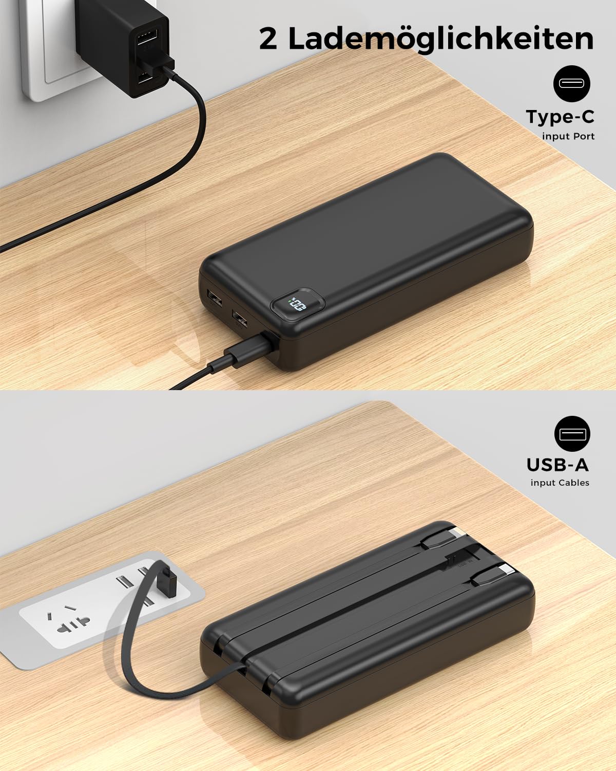 DRMARE - Power Bank 50000mAh con PD-20W e cavi integrati - 5 uscite e 2 ingressi, display LED - Alimentazione portatile per modelli iPhone 15/14/13 Pro ecc.