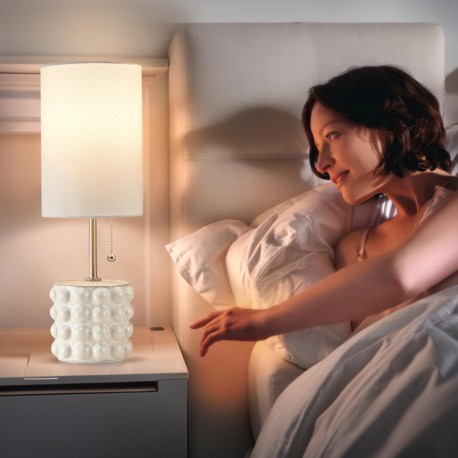 Ceramic Table Lamp Set of 2, 3-Color Temperature Ceramic Lamp Pull Chain Bedside Nightstand Lamps, Decoration Small Table Lamp Cream Lamp for Bedroom Living Room Reading Desk Side Table Lamp 2 Bulbs