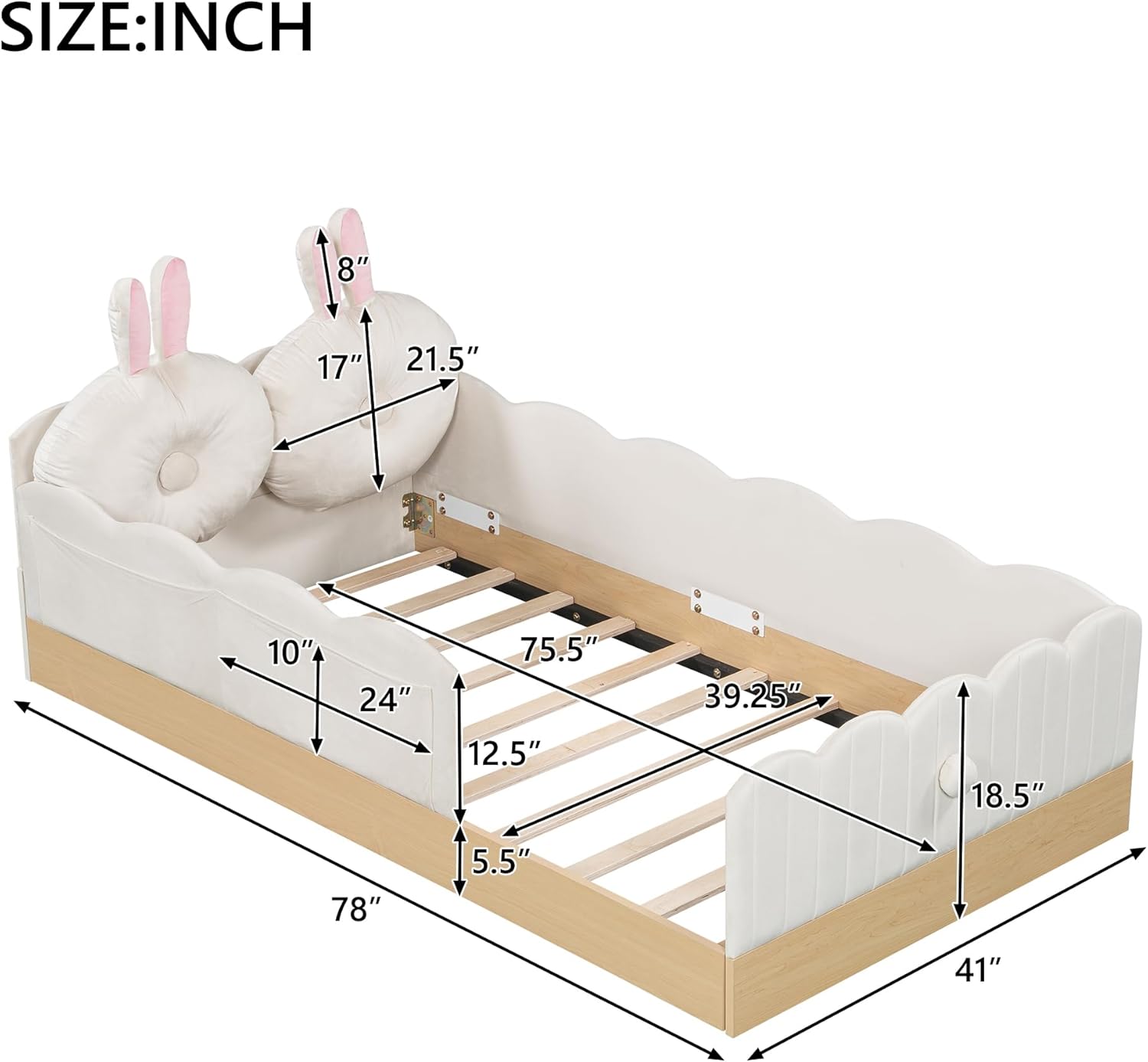 Lovely Twin Size Upholstered Platform Bed with 2 Soft Pillows and Storage Bags, Princess Bed Frame with Cute Rabbit Ear Shaped Headboard and Guardrails for Bedroom, No Box Spring Required (Beige-X52)