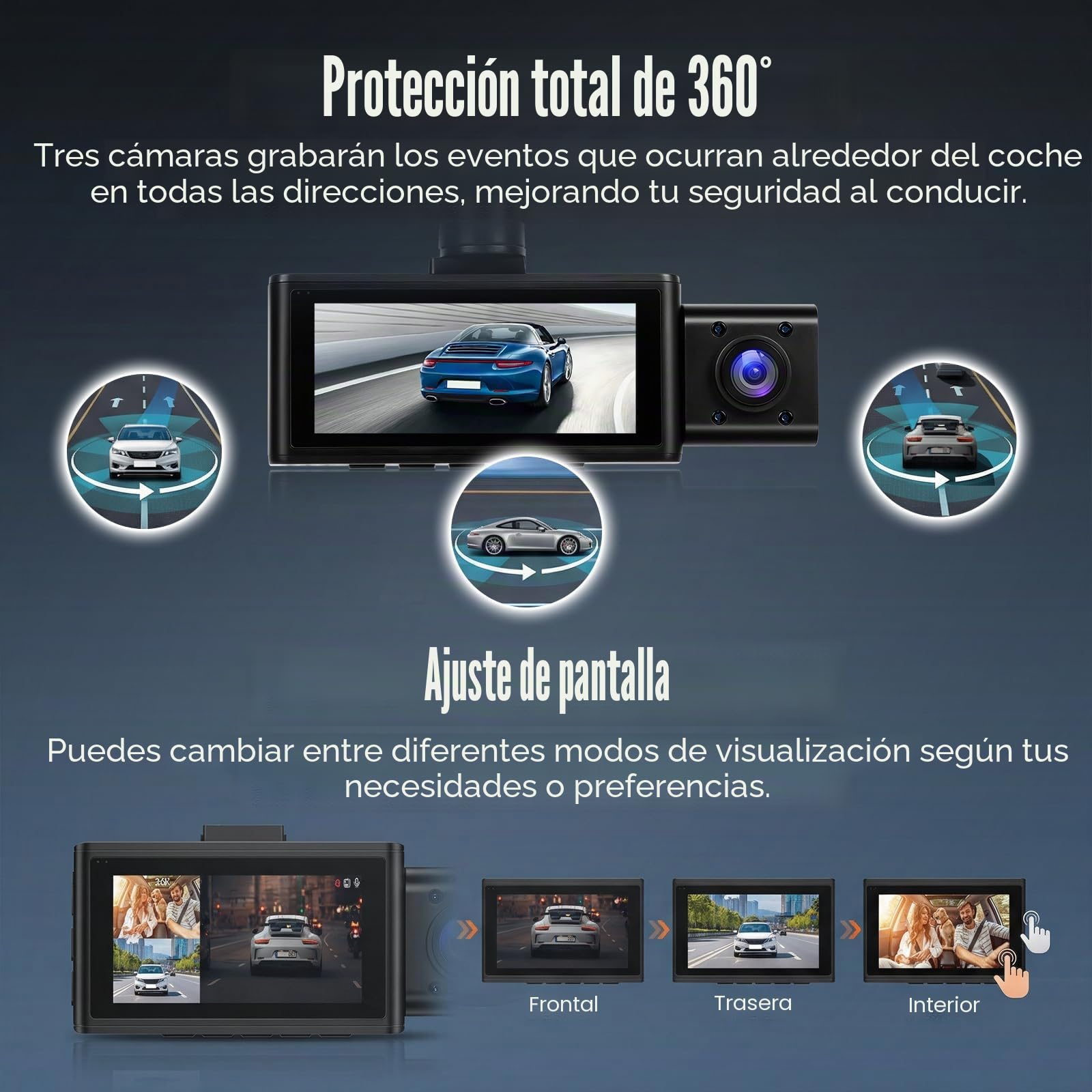 OiLiehu 3 Canales Cámara para Salpicadero 3,16 Pulgadas para Coches, Full HD 2,5K+1080P+1080P, Tres Lentes con G-Sensor/Control App/Grabación en Bucle/Visión Nocturna/Asistente de estacionamiento/GPS