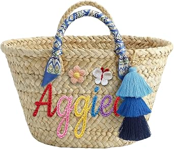 Personalized Straw Beach Tote Bags for Kids,Custom Name Basket Purse,Cute Vacation Handwoven Beach Bag Women Girls | Personalized