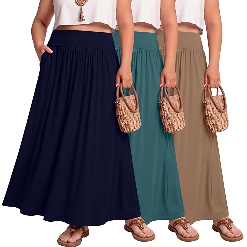 Ficerd 3 Pack Plus Size Maxi Skirts for Curvy Women Pockets Casual 2026 Boho Summer Flowy Long Skirt a Line High Waist Dress