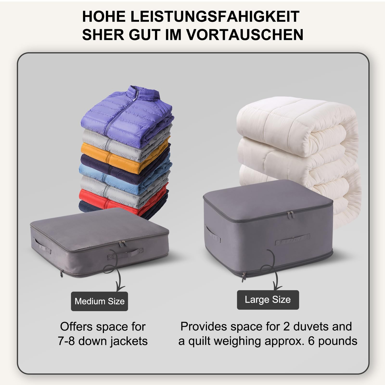 Organizer ultra salvaspazio a compressione, resistente, con manici rinforzati, borsa da viaggio con cerniera, per piumoni, coperte, colore grigio, L