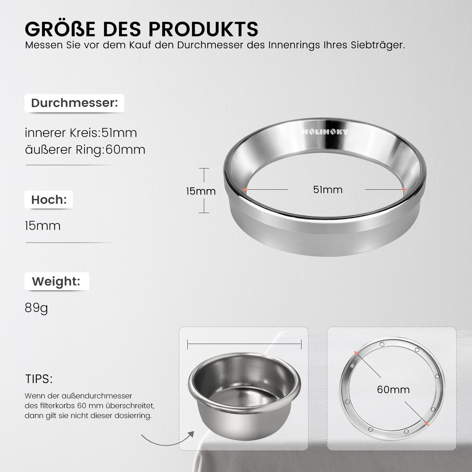 Doseerring 51 mm, 51 mm koffiedoseerring, magnetische zeefhouder en