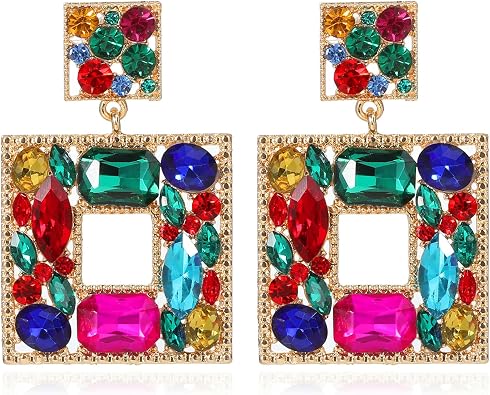 ATIMIGO Rhinestone Square Statement Dangle Earrings for Women | Sparkly Crystal, Geometric Drop, Hypoallergenic for Women, Party Ball Pageant Wedding Jewelry