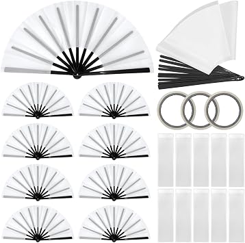 10 Pcs Sublimation Blank Handheld Folding Fans with Plastic Ribs and Double-Sided Tape, 24.8 in DIY Craft Fans for Heat Transfer Printing, Folding Fan Large Clack Handheld for Party Dance Wedding