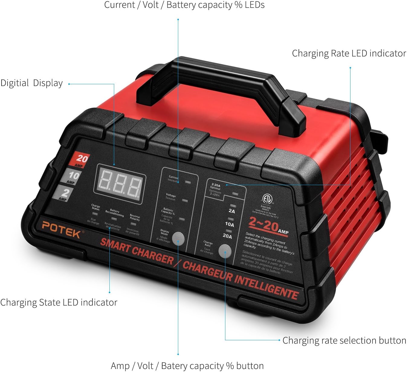 Potek 2/10/20 Amp Smart Battery Charger and Maintainer with 50-Amp Battery Clips