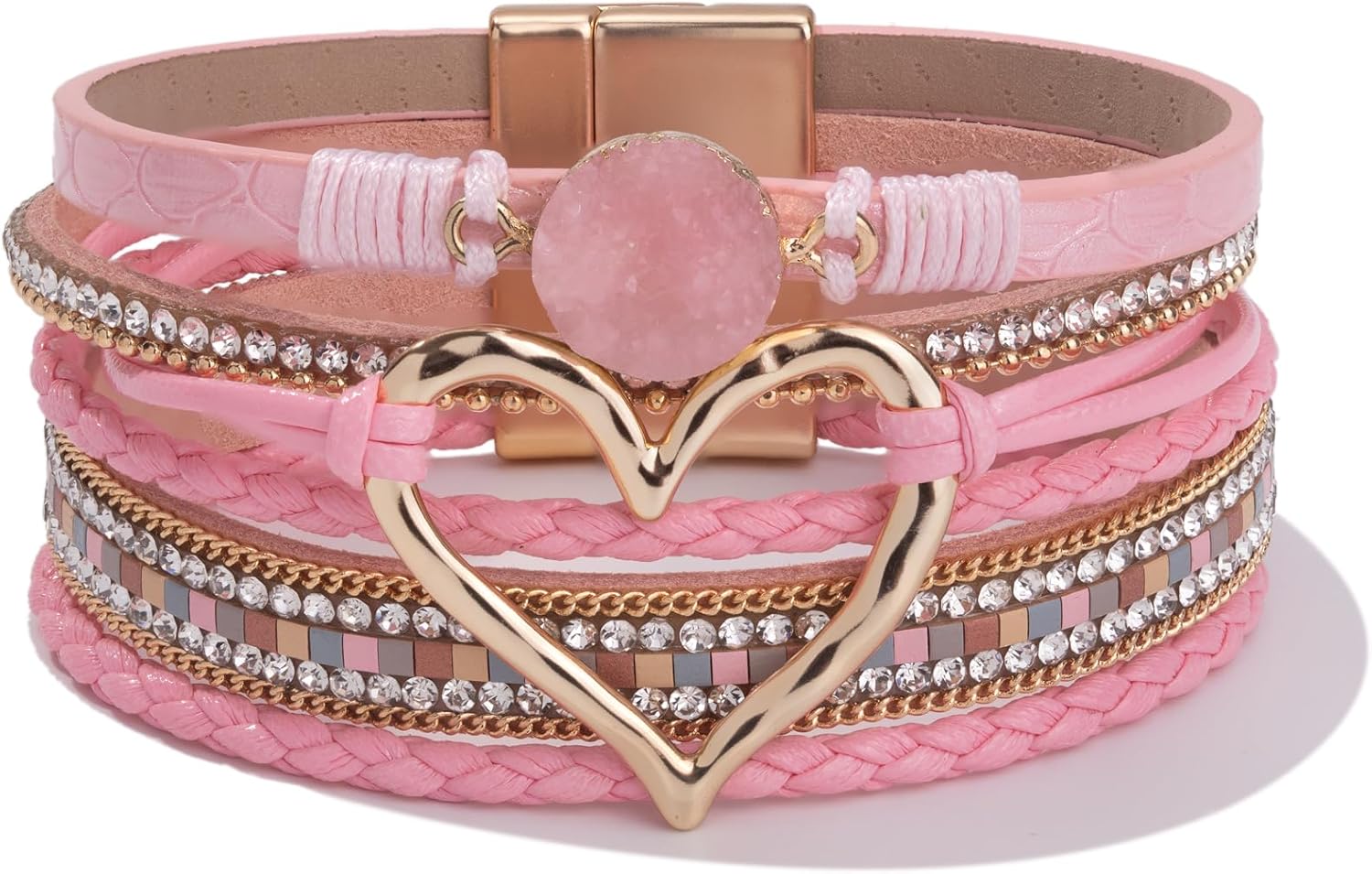 FANCY SHINY Heart Leather Wrap Bracelets Stackable Boho Cuff Bangles Trendy Resin Stone Rhinestone Bracelets with Magnetic Clasp for Women Valentine Gifts