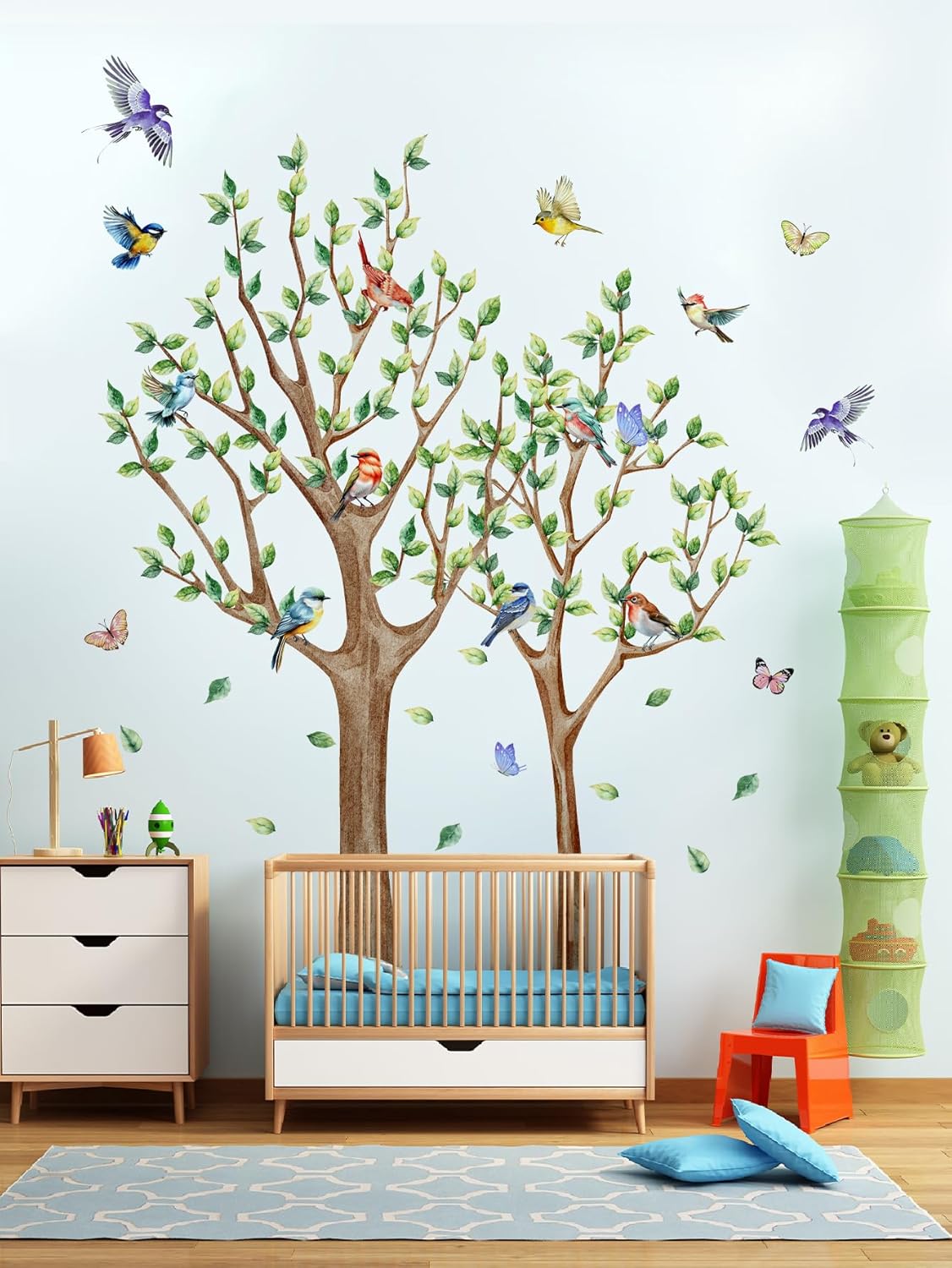 Tree Bird Wall Stickers - Green Flying Leaf Butterfly Vinyl Peel & Stick Removable Wall Art Decals Decorative for Living Room Kid Bedroom,83.54 cm x 78.79 cm